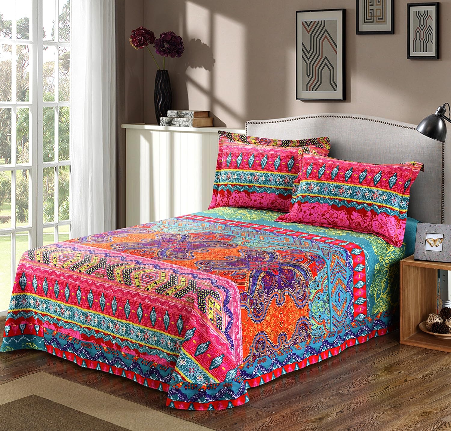 LELVA Queen 4 Piece Bohemian Bed Sheet Set 100% Cotton - Fitted Sheet, Top Flat Sheet and 2 Pillowcases Soft and Breathable