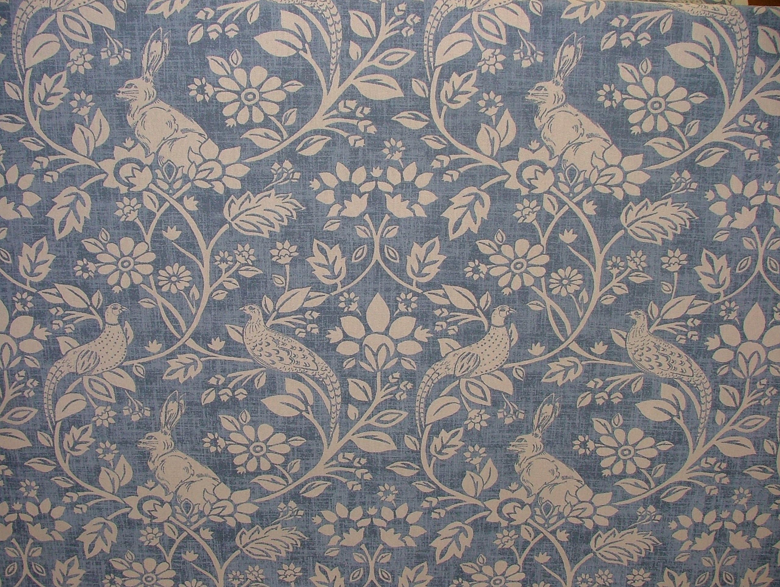 Heathland Hares and Game Birds Indigo Cotton Designer Curtain Blinds Upholstery Fabric Sold by The Metre