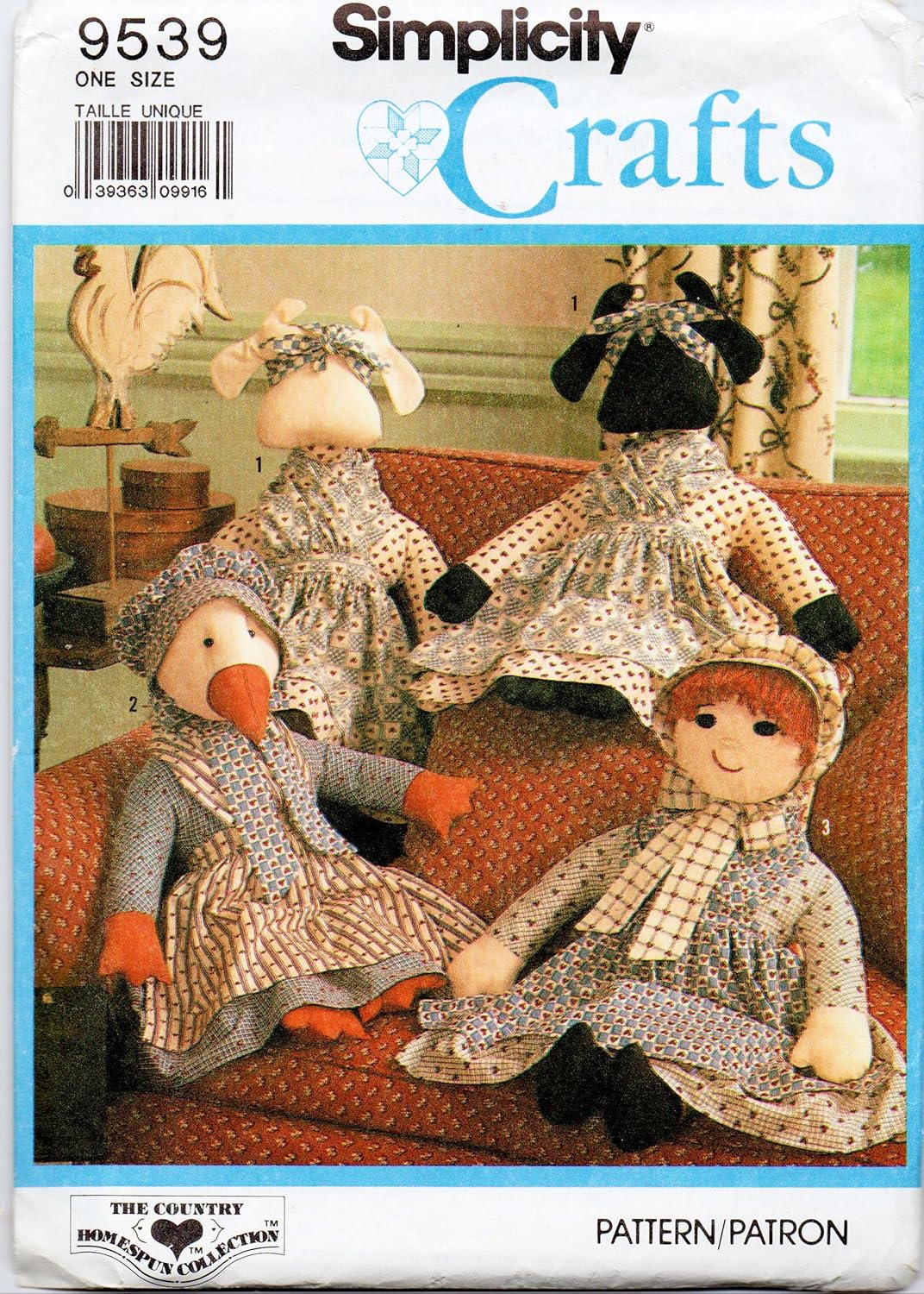 Simplicity 9539 The Country Homespun Collection, Pattern for 3 Dolls with Clothes Sewing Pattern Vintage 1989 Cow, Duck, Doll