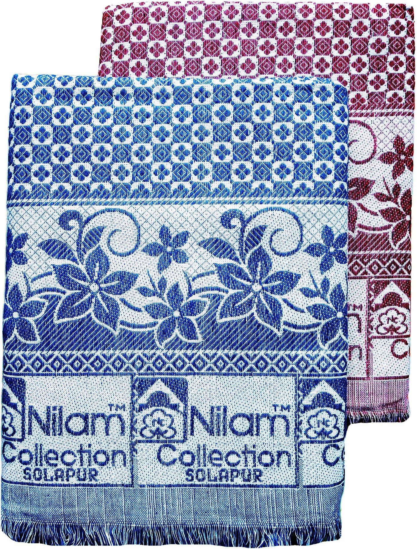 Nilam Collection Cotton Solapur Chaddar Blanket Single Bed Full Size 300 TC Royal Blue & Red Color Pack of 2 (Size- 58X88 Inch)