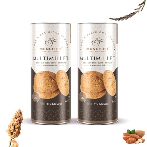Image of Munch Fit Healthy Multimillet Cookies 125gm Pack of 2 | Egg Less Cookies Made Desi Khand with Jowar Ragi Bajra Cookies | Gluten Free, No Maida, No Added Sugar | 100% Natural Crunchy Snacks