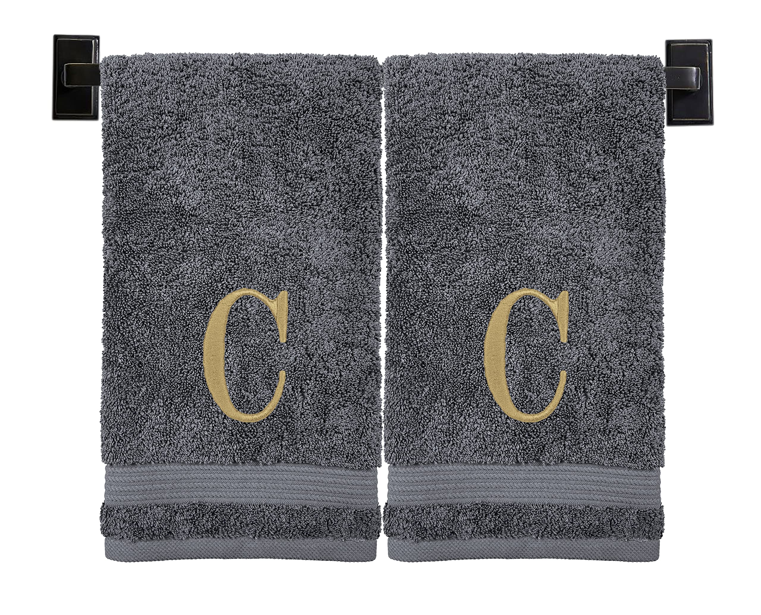 Custom Luxury Towels Grey Hand Towels for Bathroom with Monogram | Luxury Cotton Turkish Towels | Embroidered in USA | Set of 2 | Choose Set Color and