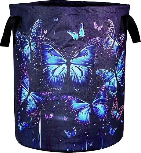 Cesta de lavandería de mariposa azul y morada, plegable, impermeable, de tela Oxford, divertida bolsa de lavandería, cubo de almacenamiento de ropa,