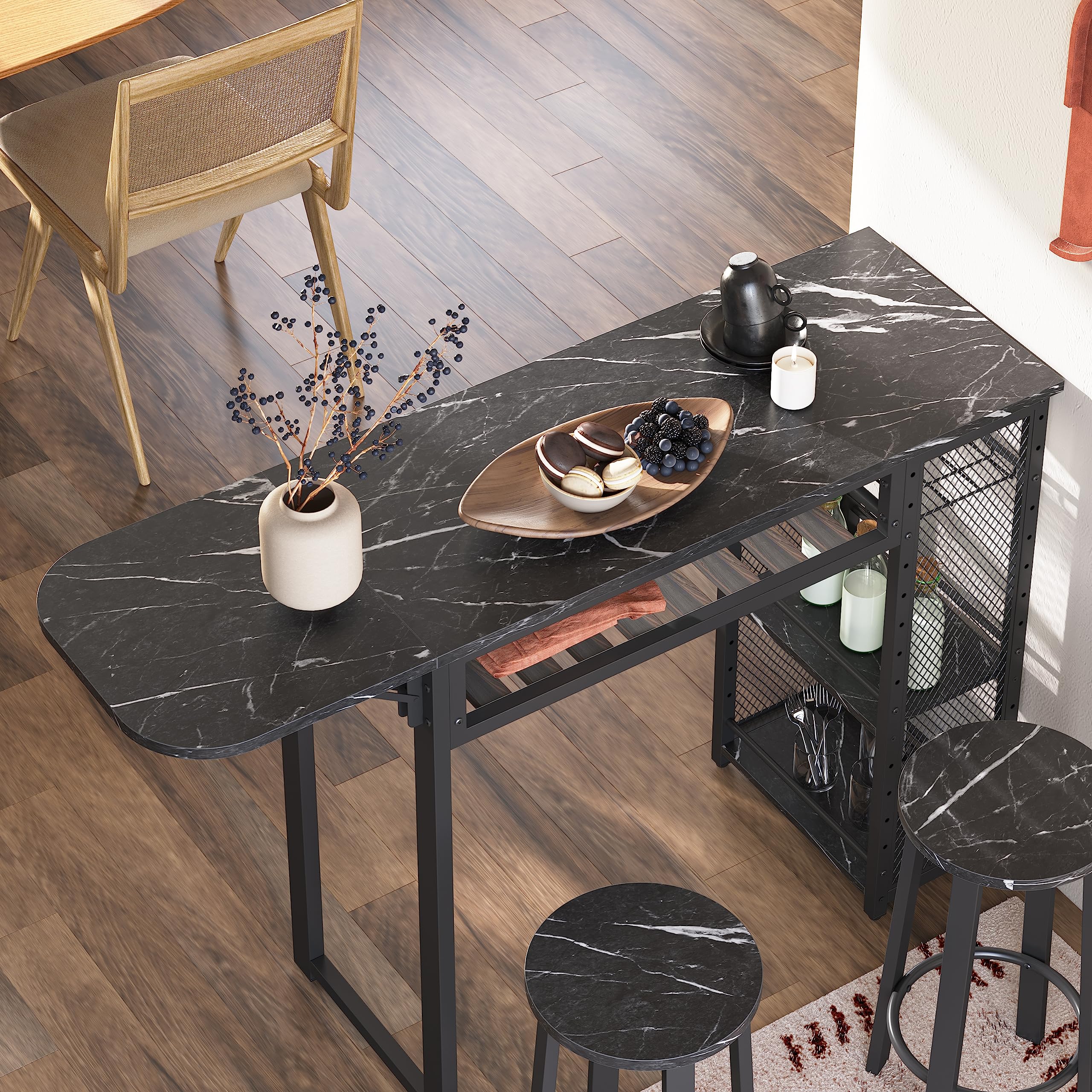 Set tavolo da bar con 2 sgabelli da bar, tavolo da pranzo con supporto per bicchieri da vino e ripiano, tavolo da cucina in stile industriale, tavolo da bar e bistrot (nero)