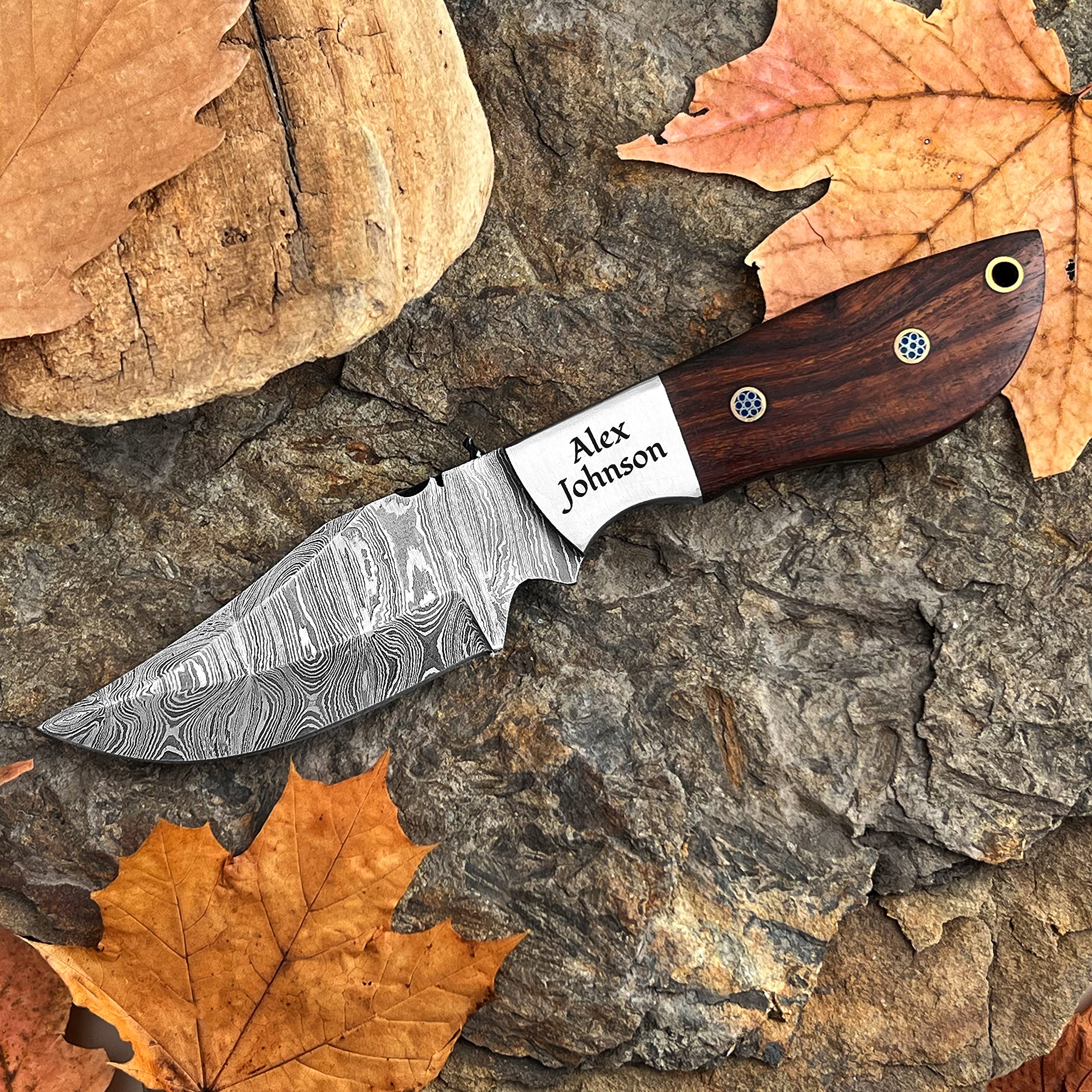 WINTERFELL Personalized Fixed Blade Damascus Hunting Knife with Sheath, Engraved Custom Gifts For Hunter, Customized Gift For Husband, Dad, Son, Unique Father's Day Gift (Brown)