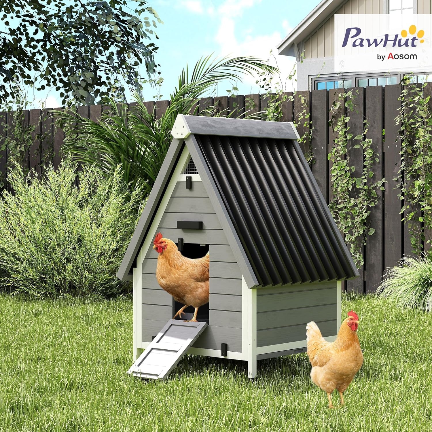 PawHut Chicken Coop for 2 Hens, Outdoor Wooden Chicken House with Removable Nesting Box & Roosting Bar, Tray, Ramp, Poultry Cage Rabbit Hutch, 31" x 29" x 43", Grey