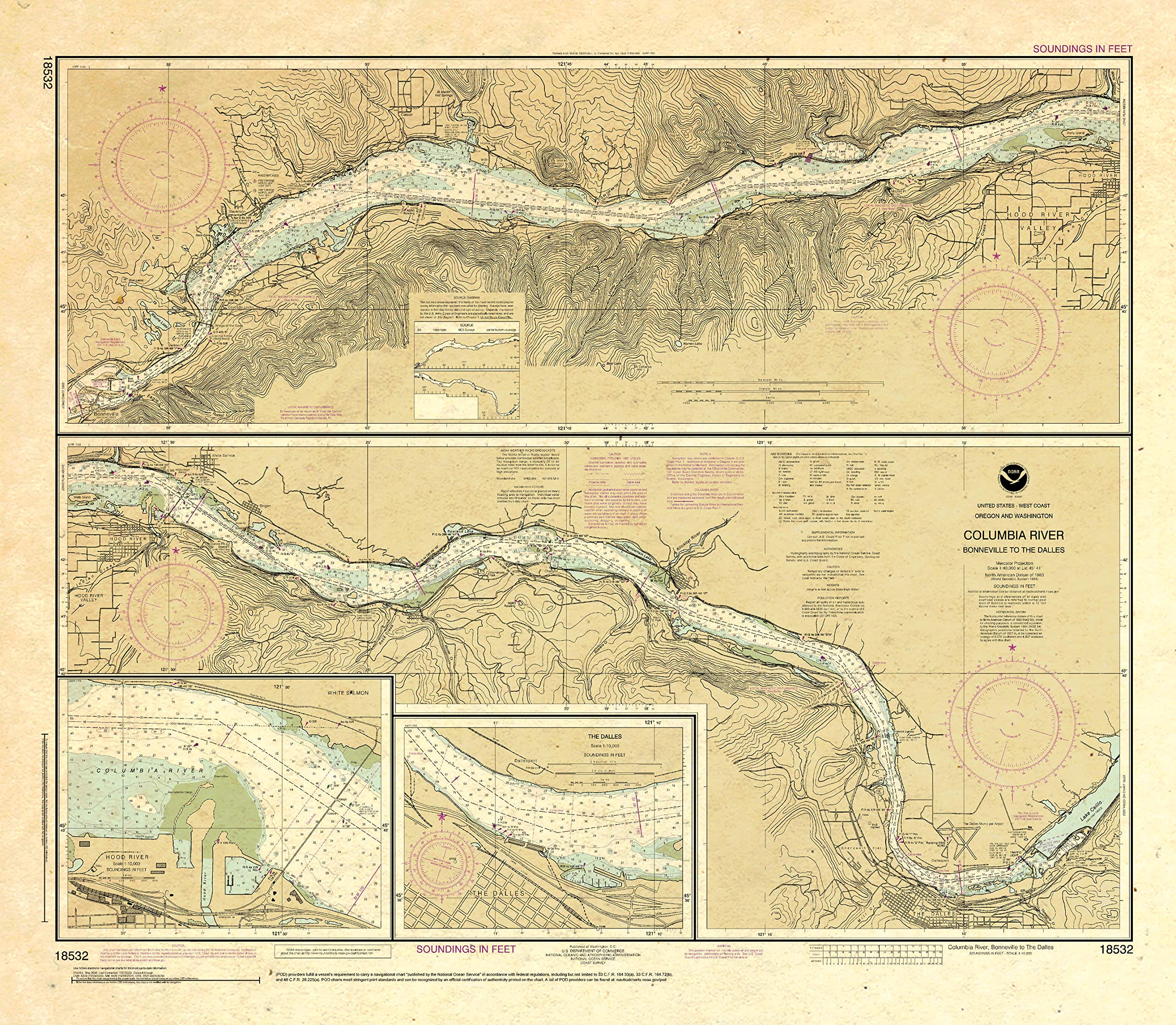 Paradise Cay Publications Antiqued NOAA Chart 18532: Columbia River Bonneville to The Dalles; The Dalles; Hood River