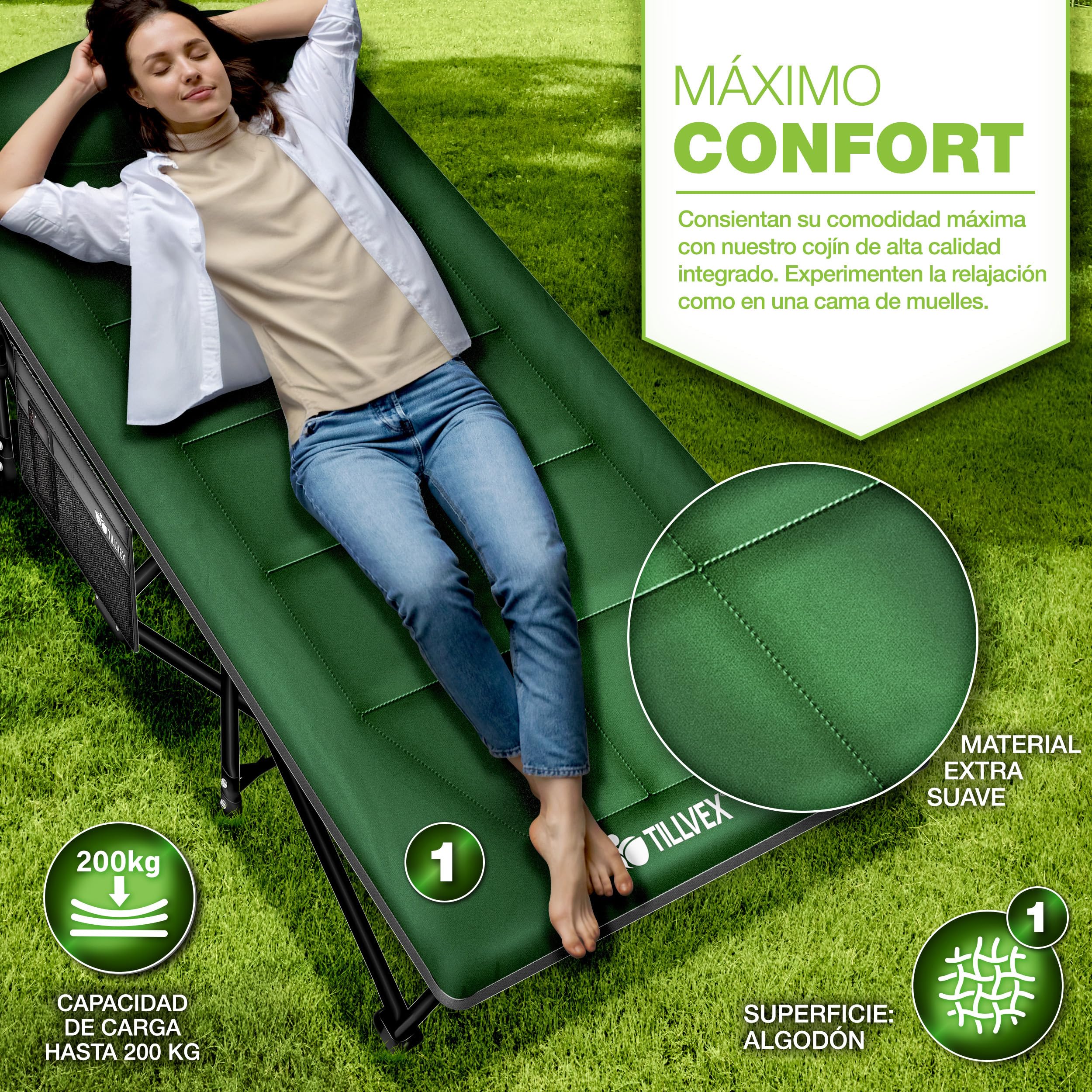 tillvex® Cama de camping plegable con bolsa de transporte de hasta 200 kg | Tumbona de camping extra ancha | Cama plegable para exteriores e interiores | Cama plegable para invitados para jardín,