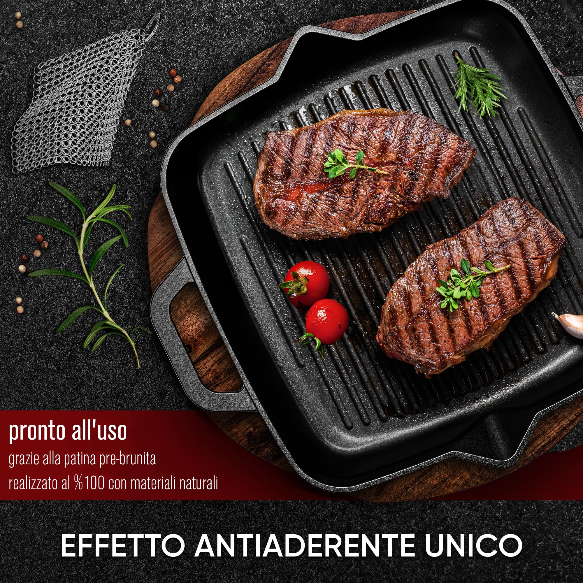GUSSKÖNIG Bistecchiera in Ghisa 26 cm – Superficie Rigata per Grill – Prestagionata Naturale – Compatibile Induzione e Forno – Ideale per Carne, Verdure e Grigliate