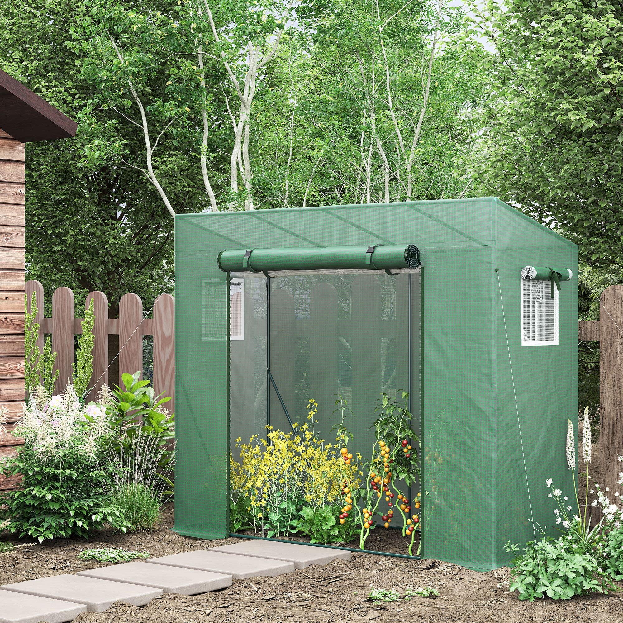 Outsunny Serra da Giardino in PE e Acciaio con 4 Picchetti, 2 Finestre Laterali e Copertura Superiore Rinforzata, 200x77x148-169cm