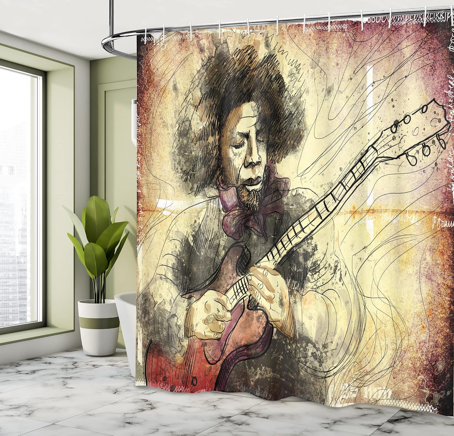 Ambesonne Jazz Music Shower Curtain, Guitar Virtuoso Hand Drawn Style Illustration of a Guitar Player Musician, Cloth Fabric Bathroom Decor Set with Hooks, 69" W x 70" L, Brown Beige Black