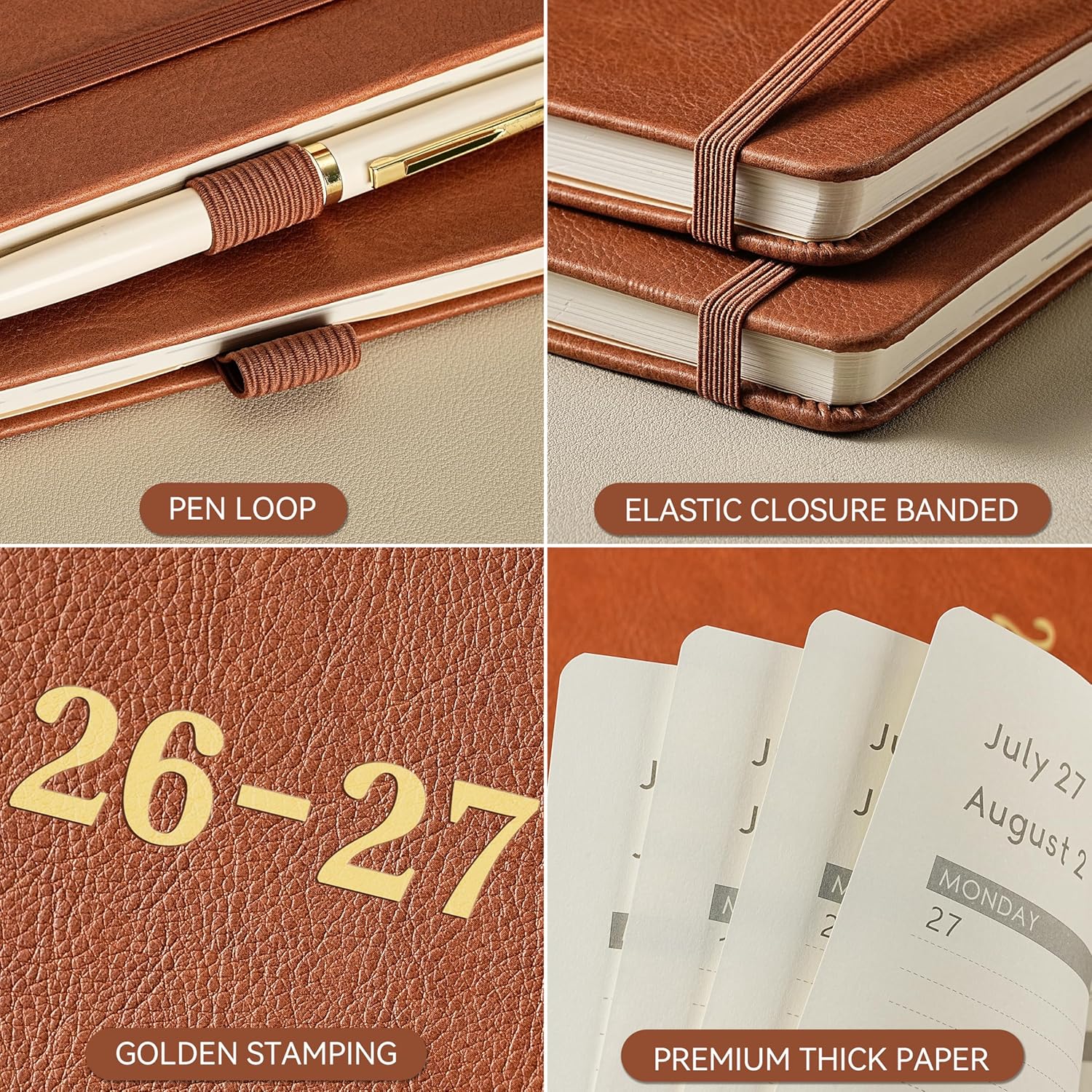 2026-2027 Planner - Academic Planner 2026-2027, July 2026 - June 2027, 9" x 11", Leather Planner Large, Monthly Weekly Planner with Pen Holder + Elastic Closure + Leather Hardcover + Bookmarks - Brown