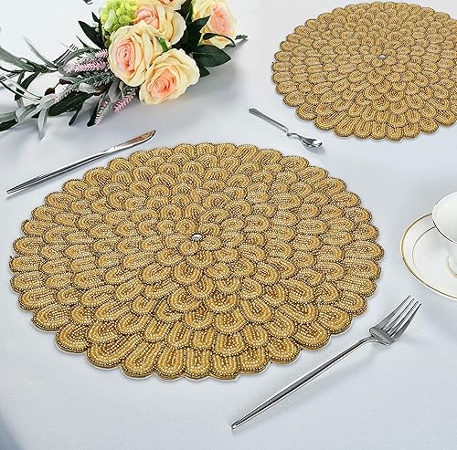 Miniatura 8 de Juego de 2 manteles individuales con cuentas para mesa de comedor, 13 pulgadas, manteles individuales redondos con cuentas para reuniones,