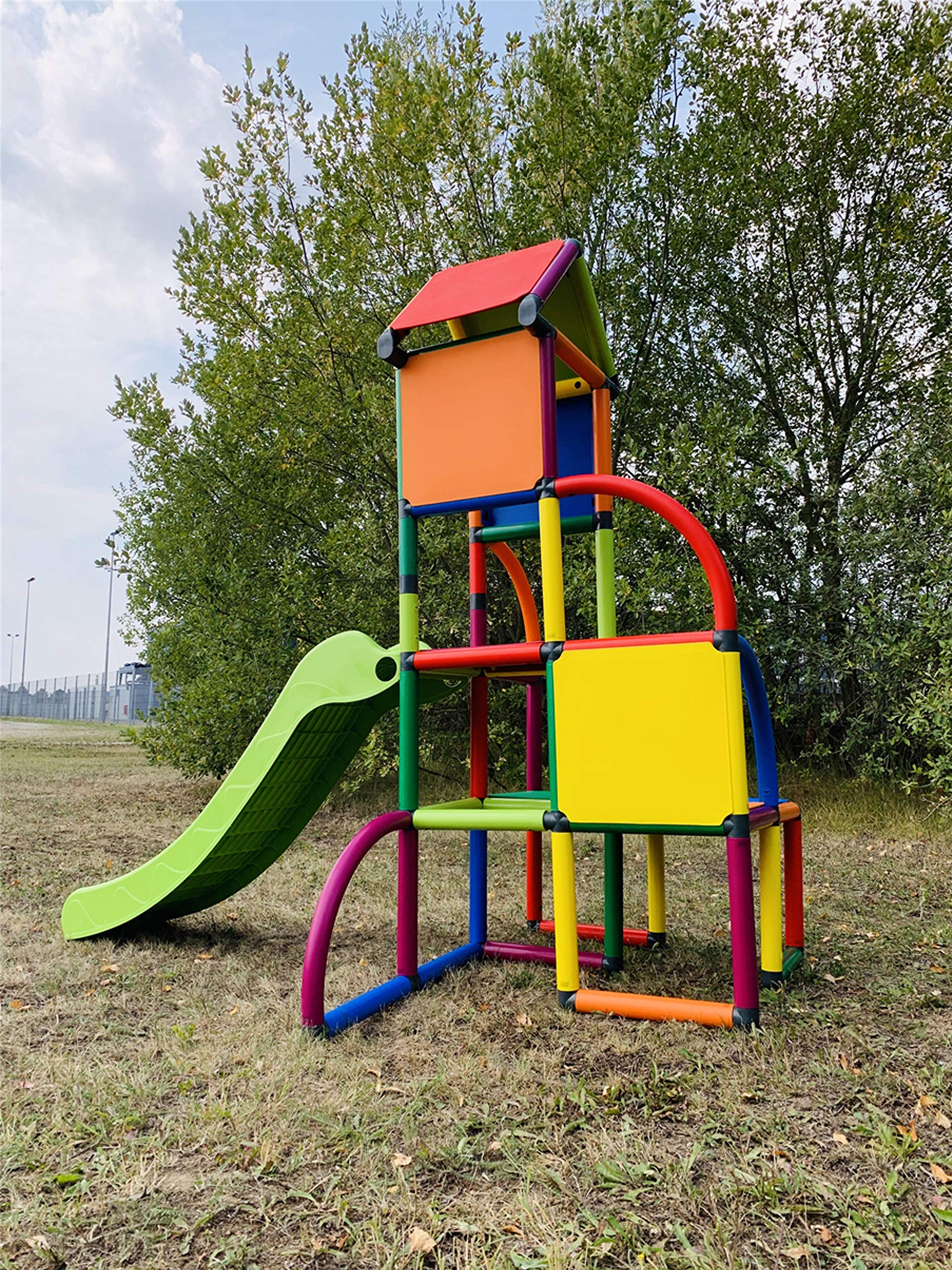 Move and stic Spielturm Toni mit Rutsche – Indoor & Outdoor Kletterturm mit Spielhaus – Modulares Klettergerüst aus UV-beständigem Kunststoff – Für Kinderzimmer, Spielzimmer & Garten