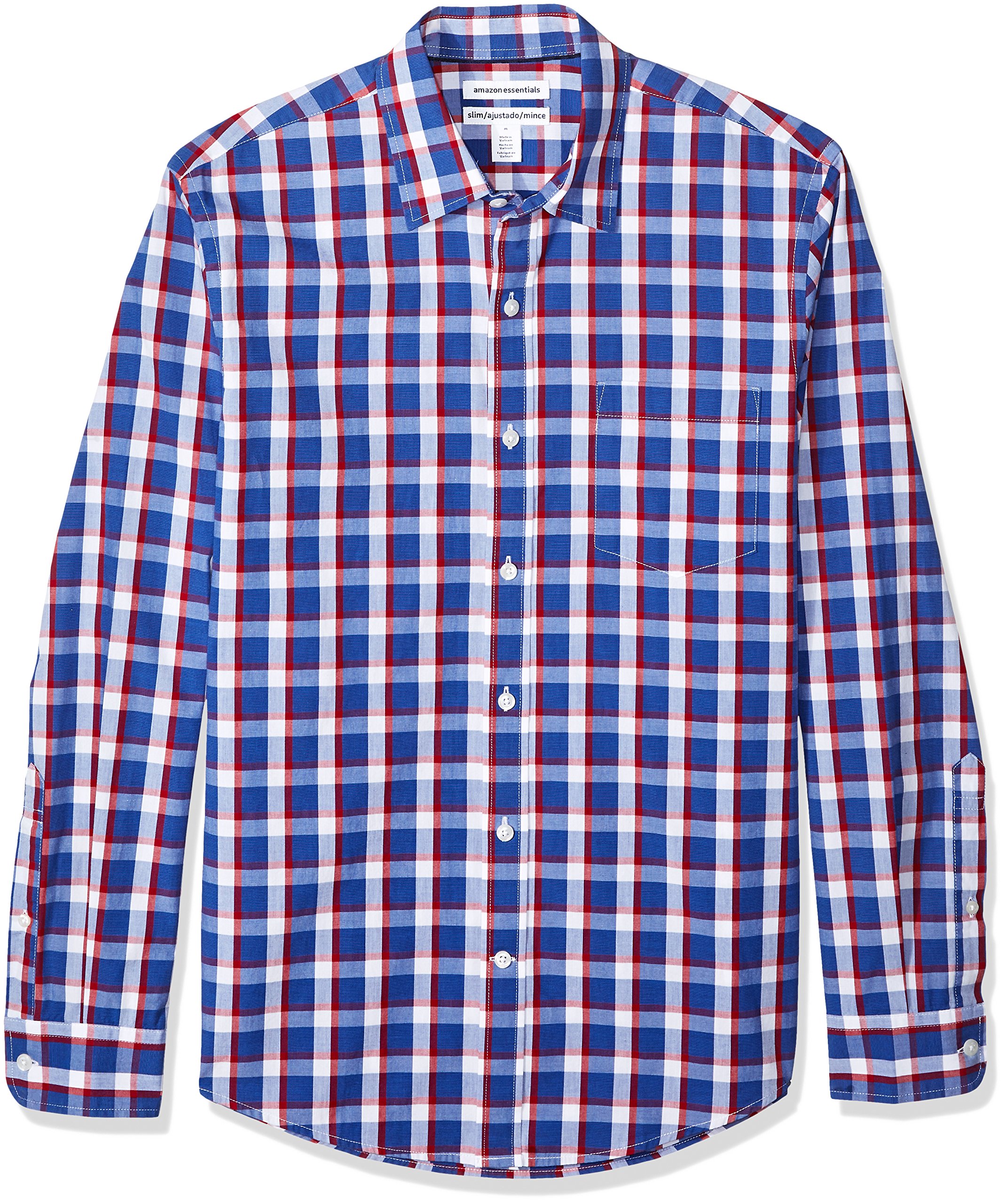 Amazon Essentials Men's Regular-Fit Long-Sleeve Casual Poplin Shirt, Button Front, Business Casual, Collared Slim Fit Light Blue Red Plaid Small
