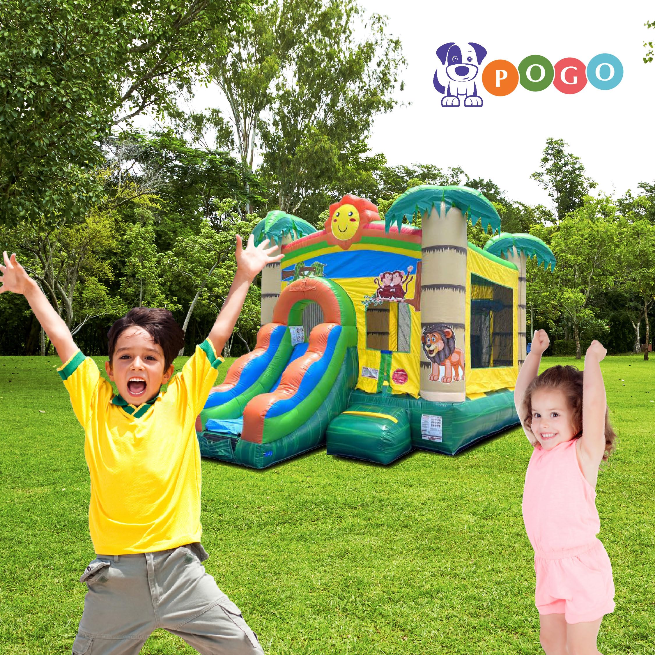 Inflatable Bounce House with Slide for Kids 12 x 12 x 18 Foot - Backyard Tropical Jungle Castle Smiley Face Combo Bouncer, Outdoor Toys, Jumpers for Kids - Includes: Blower, Stakes, and Storage Bag