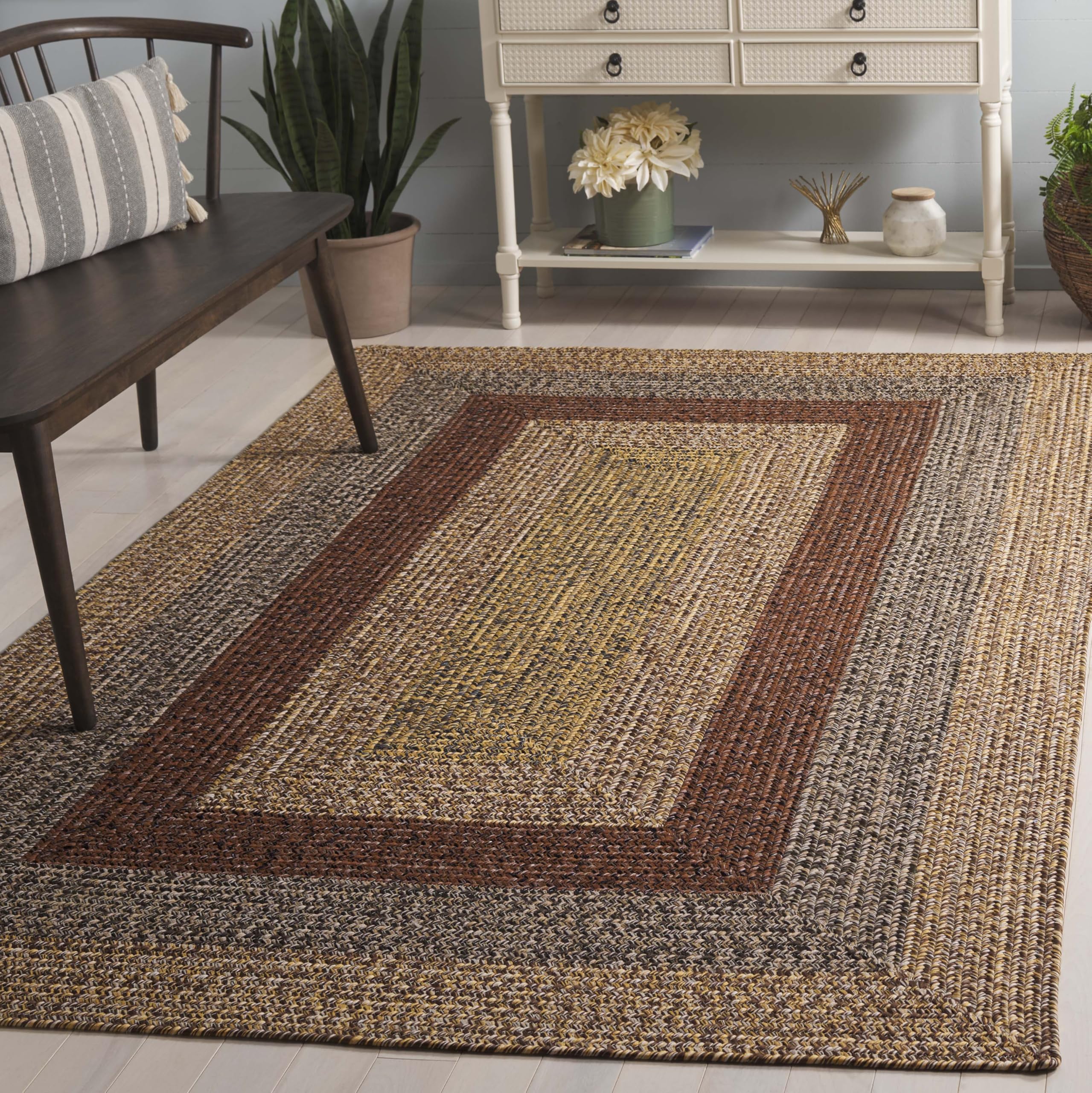 SAFAVIEH Washable Rug Outdoor Braided Collection - 6' x 9', Brown & Gold, Handmade & Reversible, Non-Shedding & Easy to Clean, Ideal for Patio,