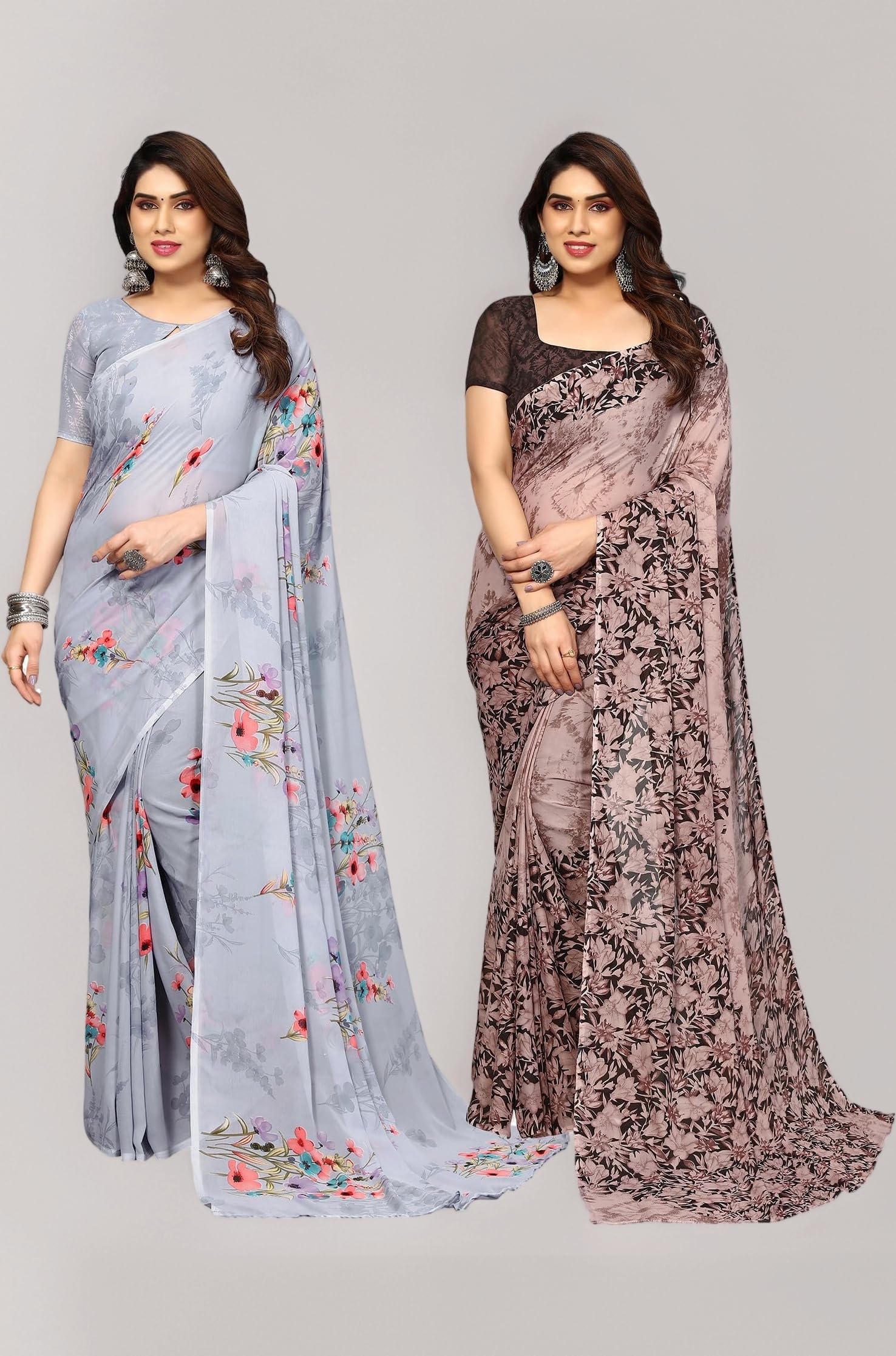 SIRIL Women's Georgette Printed Saree With Unstitched Blouse Piece Combo Pack Of 2