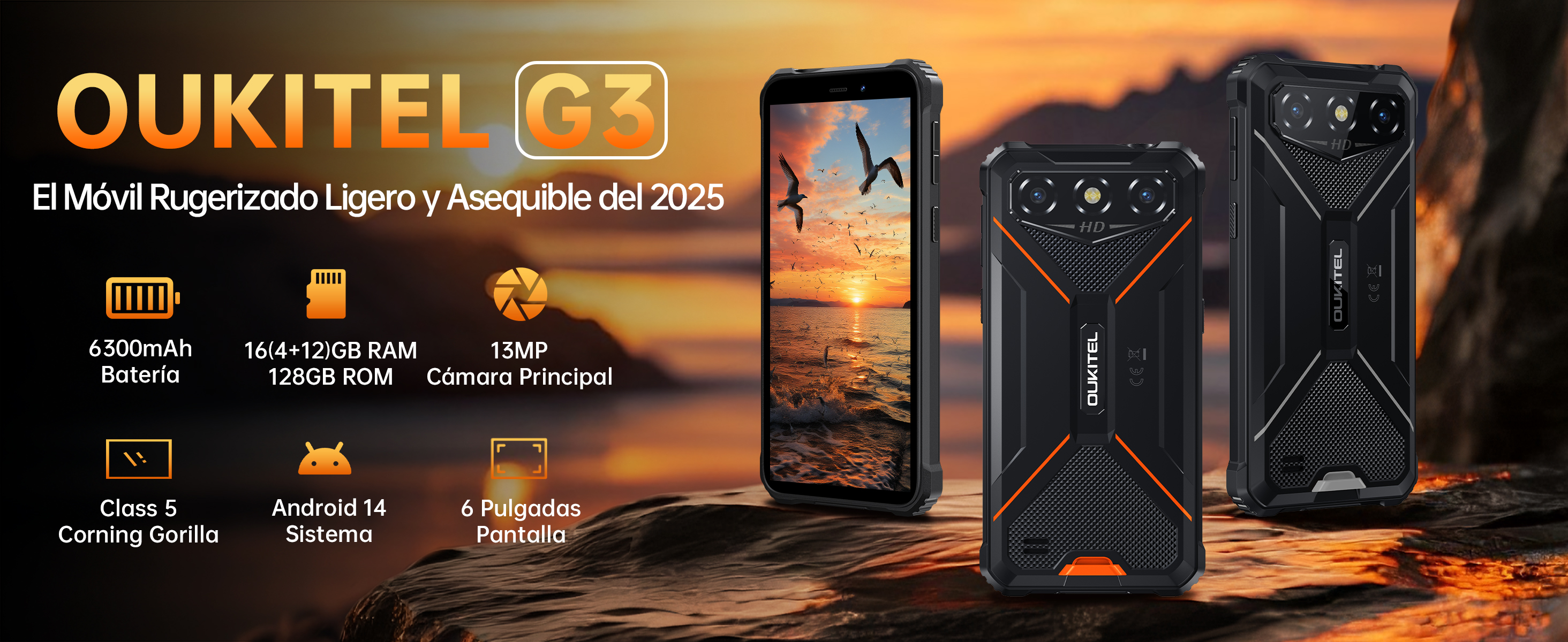 OUKITEL G3 Móvil Rugerizado - 16GB+128GB(1TB) Batería 6300mAh 