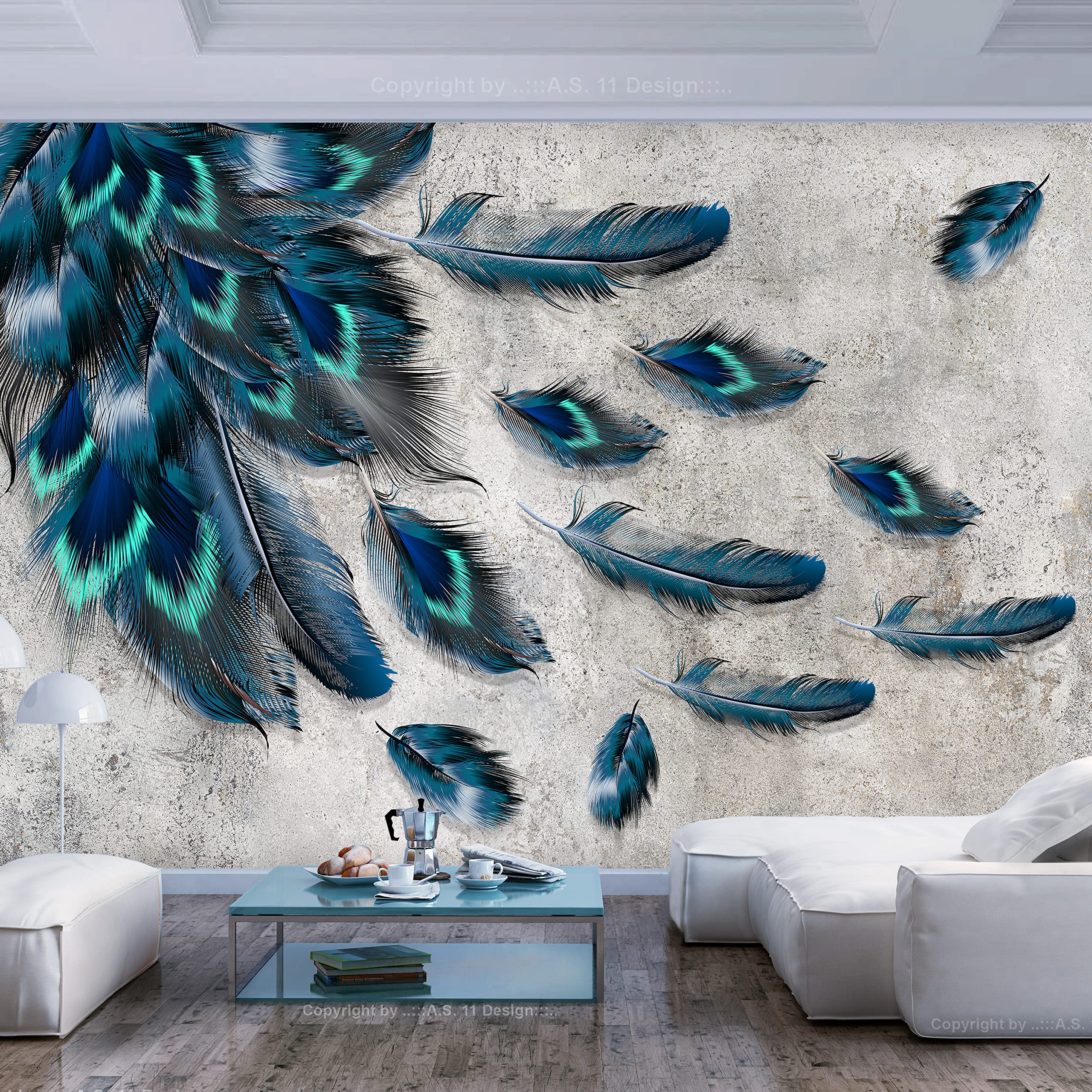 murando - Fototapete Premium-Vlies Pfauenfeder, 500x350 cm, Schlafzimmer | Premium-Vliesstoff, Full HD Druck, hochwertige Verarbeitung fürs Wohnzimmer, schnelle Montage, lichtbeständig, geruchsfrei