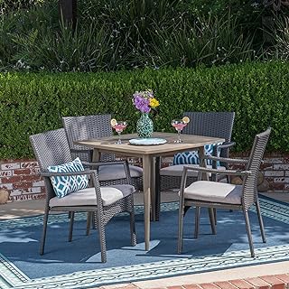Christopher Knight Home Leah Outdoor 5 Piece Wood and Wicker Dining Set, Gray Finish/Gray