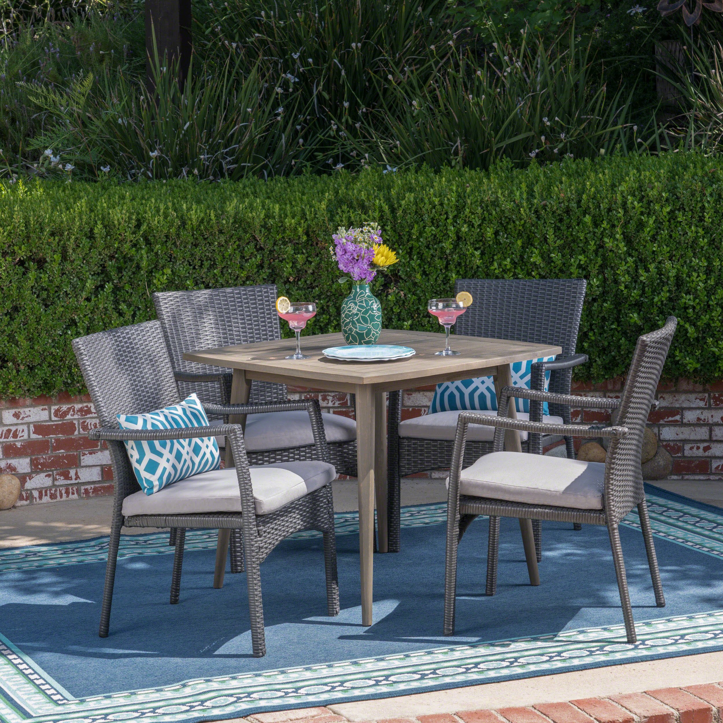 Christopher Knight Home Leah Outdoor 5 Piece Wood and Wicker Dining Set, Gray Finish/Gray (Only 2 chair)