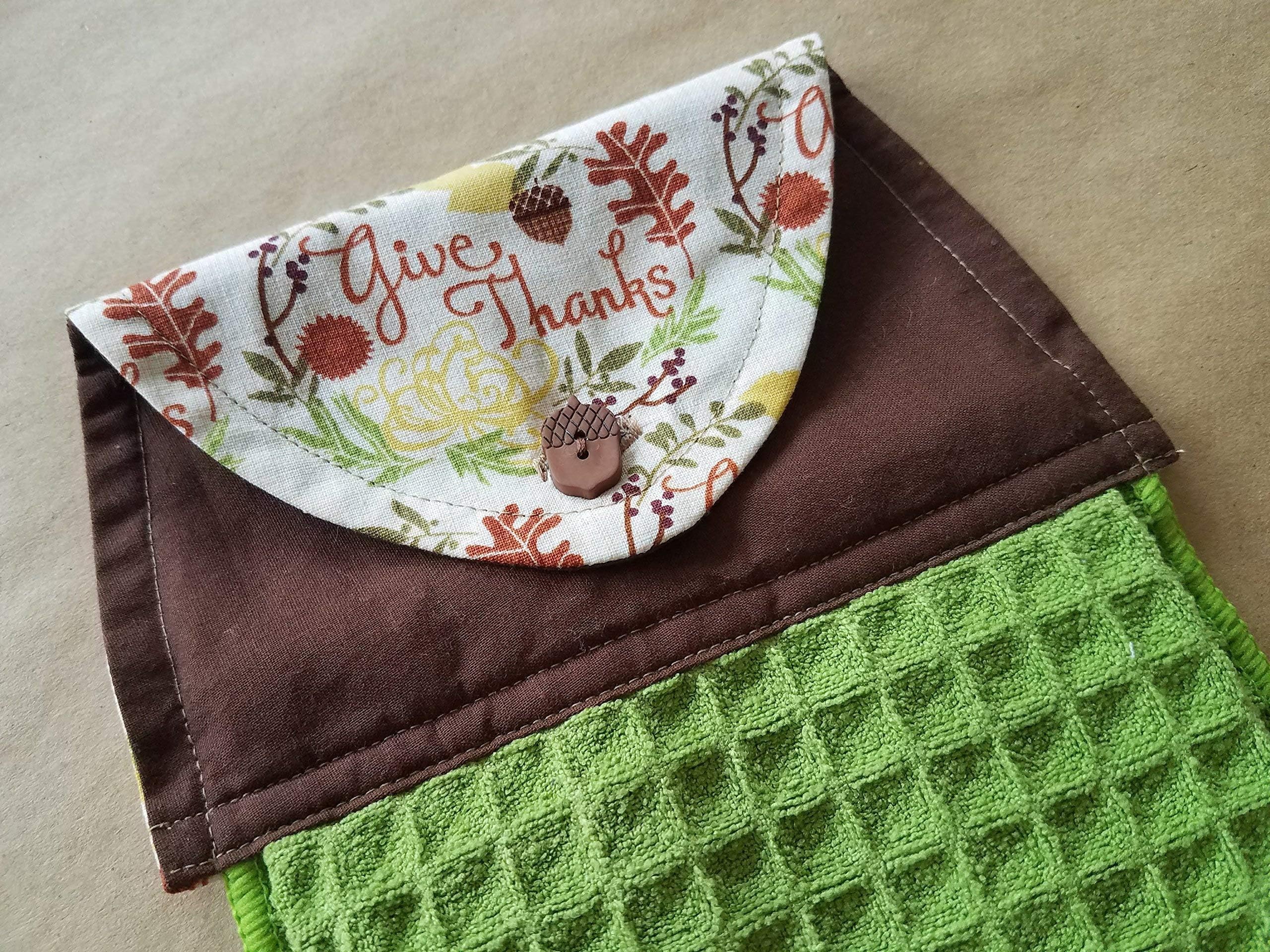 Give Thanks Hanging Kitchen Towel, Thanksgiving Button Top Towel, Acorns, Leaves, Fall, Autumn, Harvest Kitchen Linens, Fall Themed Home Decor, Grateful, Microfiber Towel, Gifts Under 20