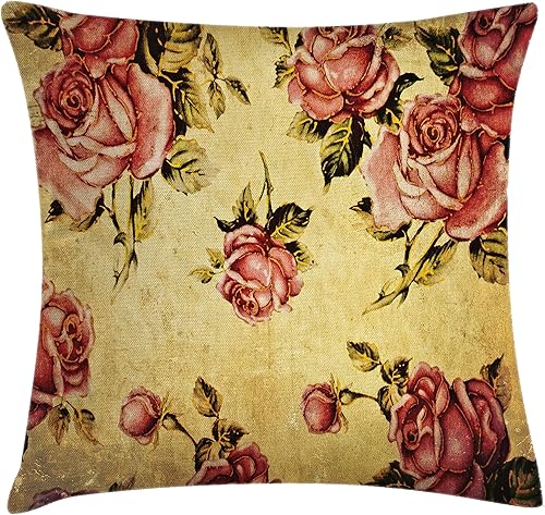 Ambesonne Funda de cojín con diseño de rosas, estilo victoriano antiguo con diseño de arte bohemio, color dramático, funda de almohada cuadrada