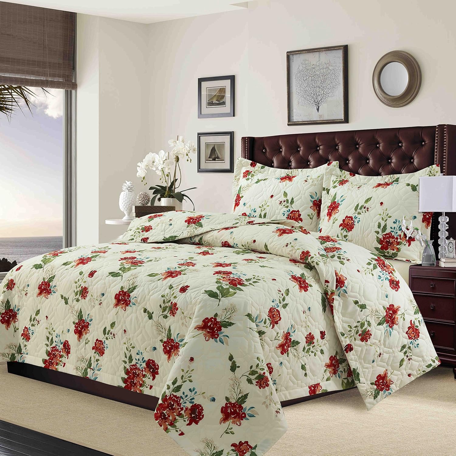 Tribeca Living Floquilttwbl Lyon Floral Printed Oversized Geometric Quilt Set, Twin, Multi