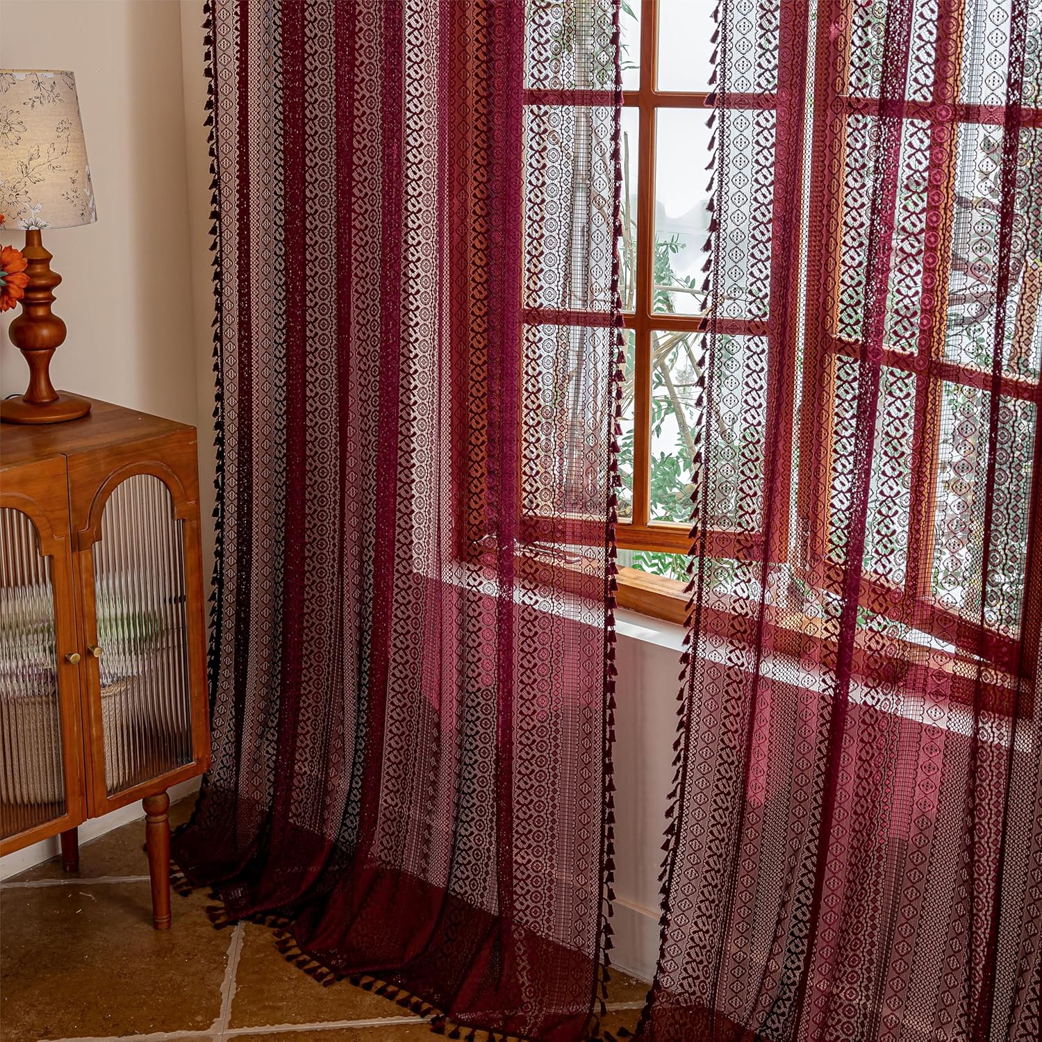 Sutuo Home Burgundy Boho Sheer Curtains 84 inches Long 2 Panels for Bedroom Living Room, Red Lace Curtains Crochet Bohemian Farmhouse Vintage Tassels Window Treatments Xmas Decor Rod Pocket, 50" W