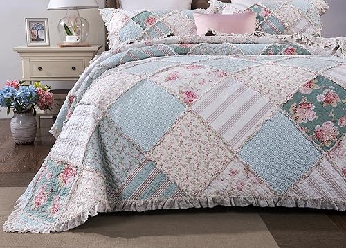 Miniatura 4 de DaDa Bedding - Juego de colcha de algodón con diseño de retazos. Juego de colcha floral con un toque de menta. Acolchado brillante y multicolor,