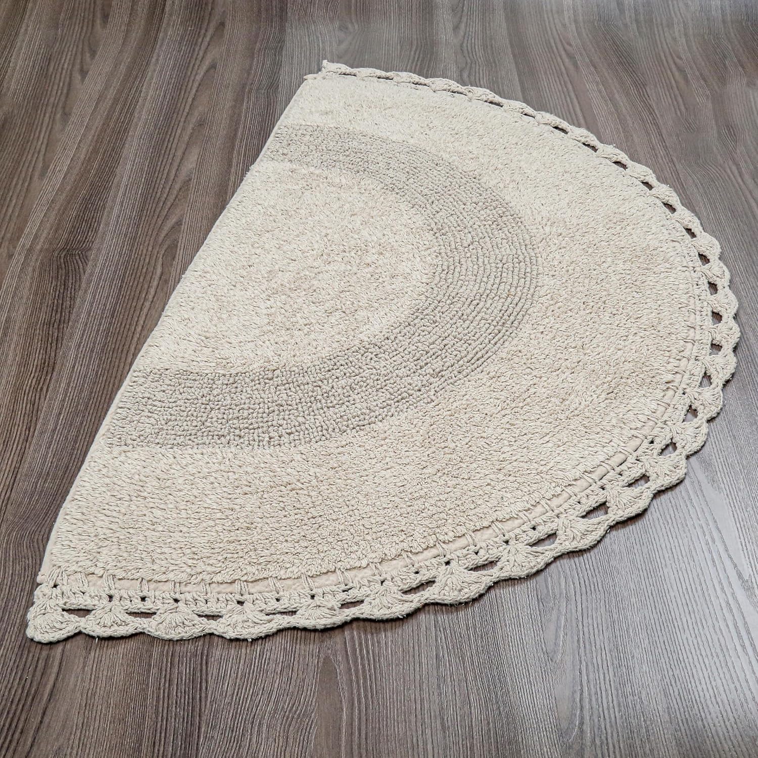 Savi Home Half Circle Bohemian Bathroom Rug with Handwoven Chrochet Border, Beautifully Handcrafted 100% Cotton Mat - 22x42, Round Boho Bedroom Rug, Boho Bathroom Décor, Machine Washable - Beige