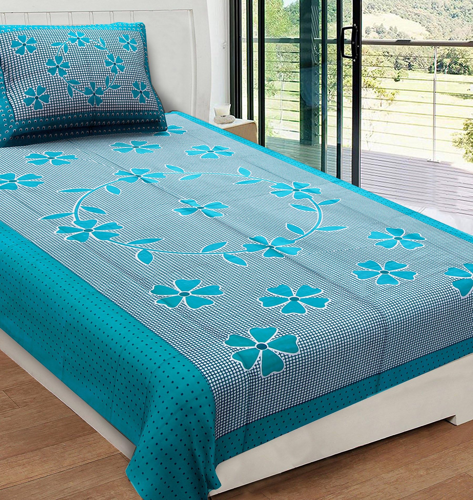 RajasthaniKart Pure Cotton 144 TC Single Size Bed Sheet with 1 Pillow Cover Bedsheet for Single Bed (Green, Single Bedsheets Cotton,154)