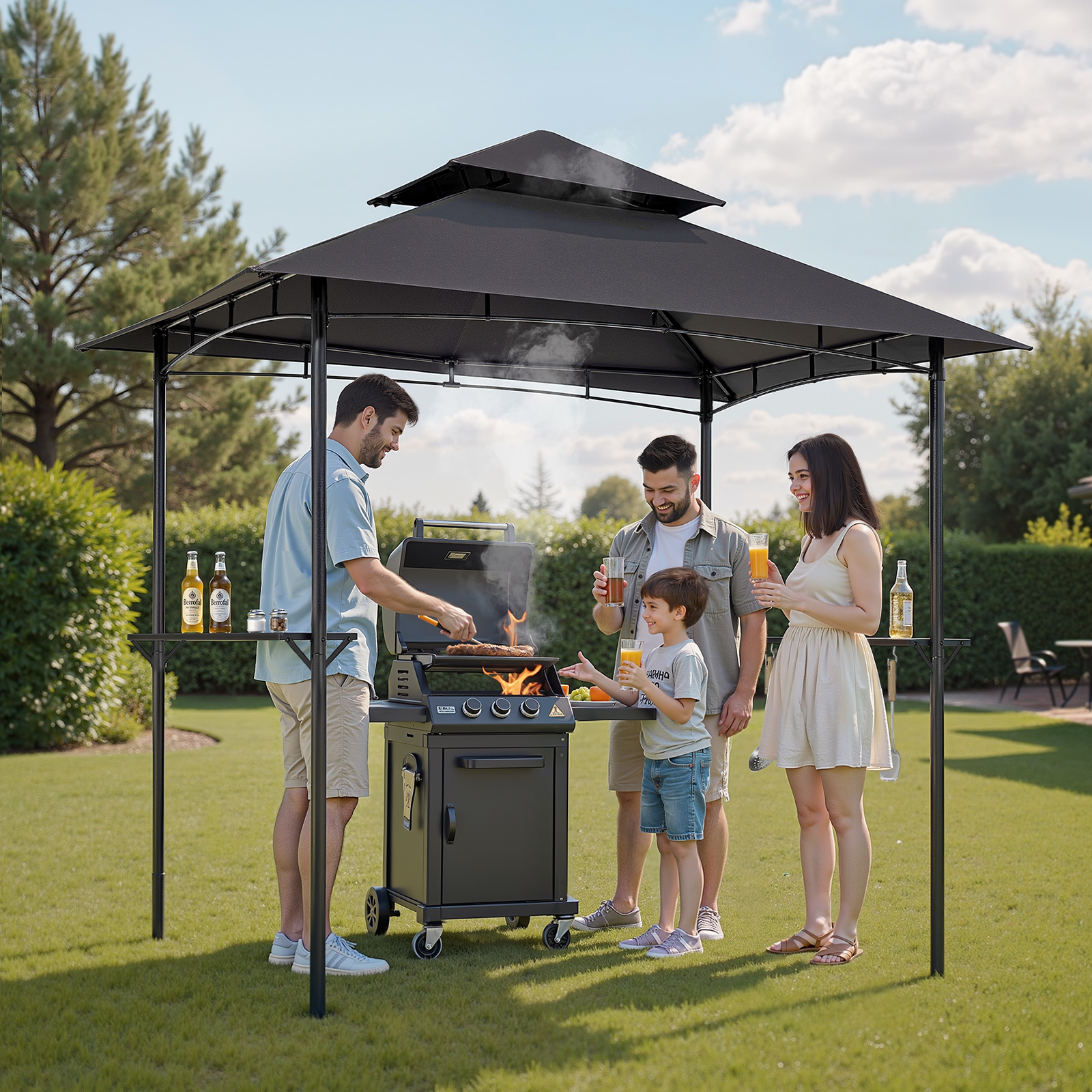 VEVOR Grill Gazebo, 8 x 5 ft Outdoor BBQ Gazebo with Double-Tiered Roof, Powder-Coated Steel Patio Grill Shelter with 2 Side Shelves & 8 Hooks, Grilling Canopy for Patio Backyard