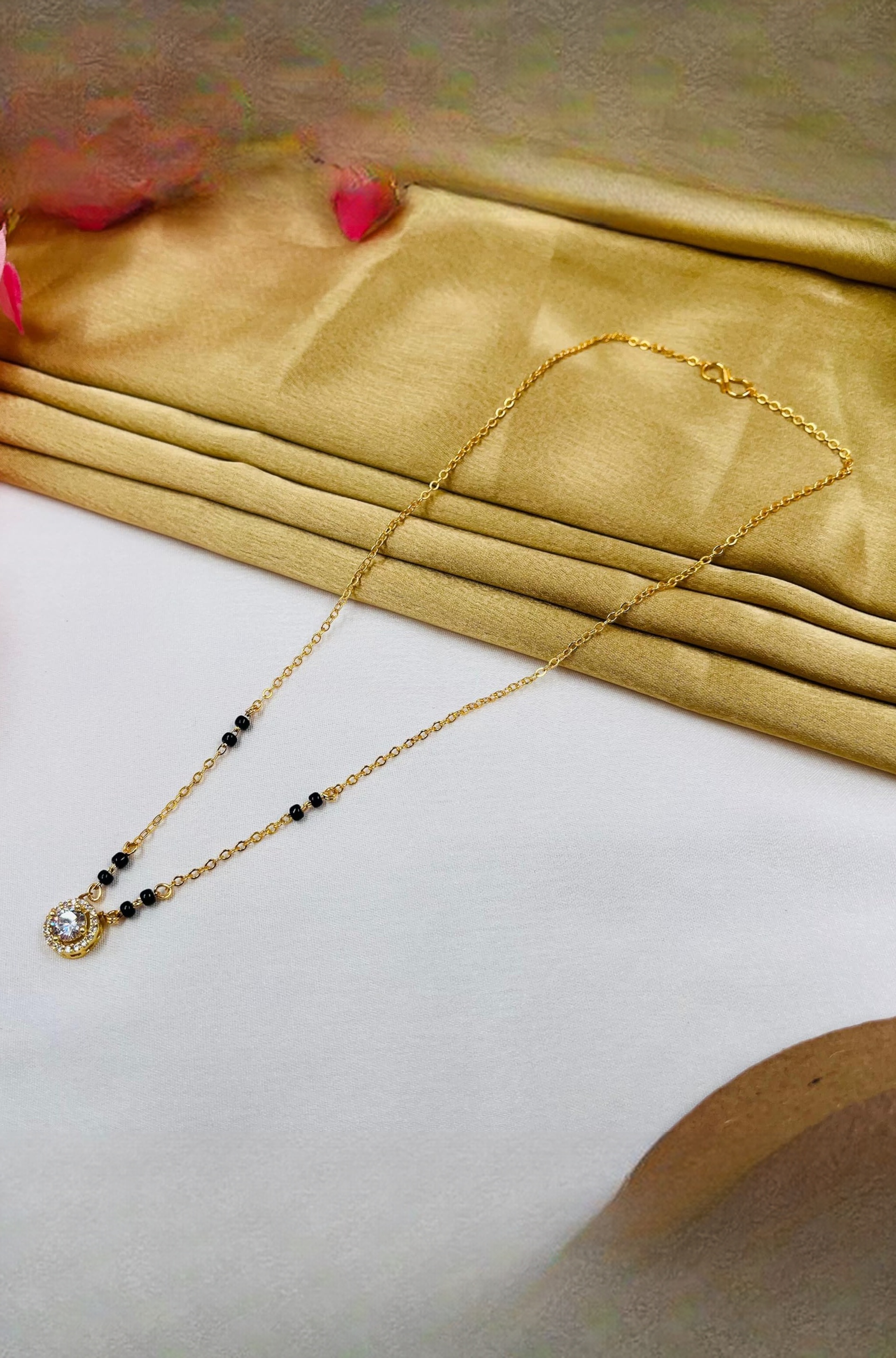 JHB AD Diamond Boll Pendant Black Beads Chain Short Mangalsutra For Women's