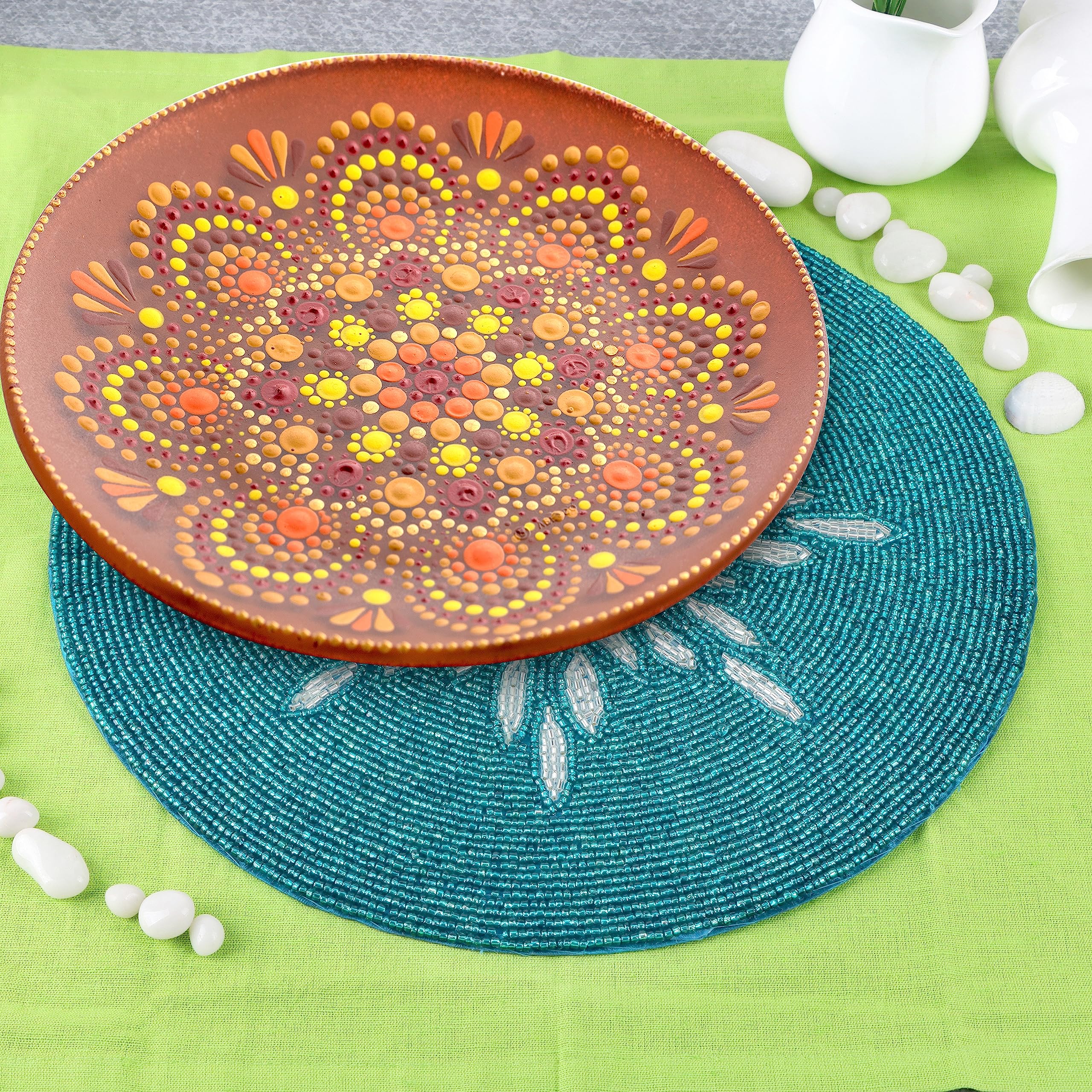 Beaded Table mat, Coffee Table Beaded mat, Placement mats for Dining Table Beaded, Round Beaded placemats, Beaded placemats for Dining Table - 13 inch Charger Plate - Teal Silver