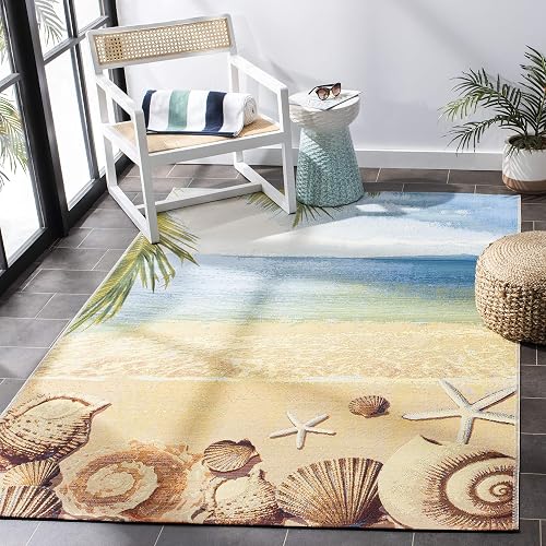 SAFAVIEH Washable Rug Outdoor Barbados Collection - 9'1 x 12'5', Gold & Blue, Non-Shedding & Easy to Clean, Ideal for Pa