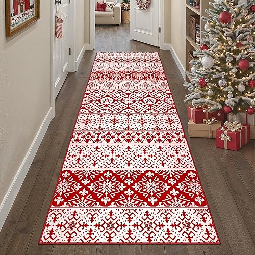 Miniatura 21 de Alfombra de área de Navidad 5 x 7 pies, copos de nieve rojos, alfombra decorativa festiva para sala de estar, dormitorio, alfombra antideslizante
