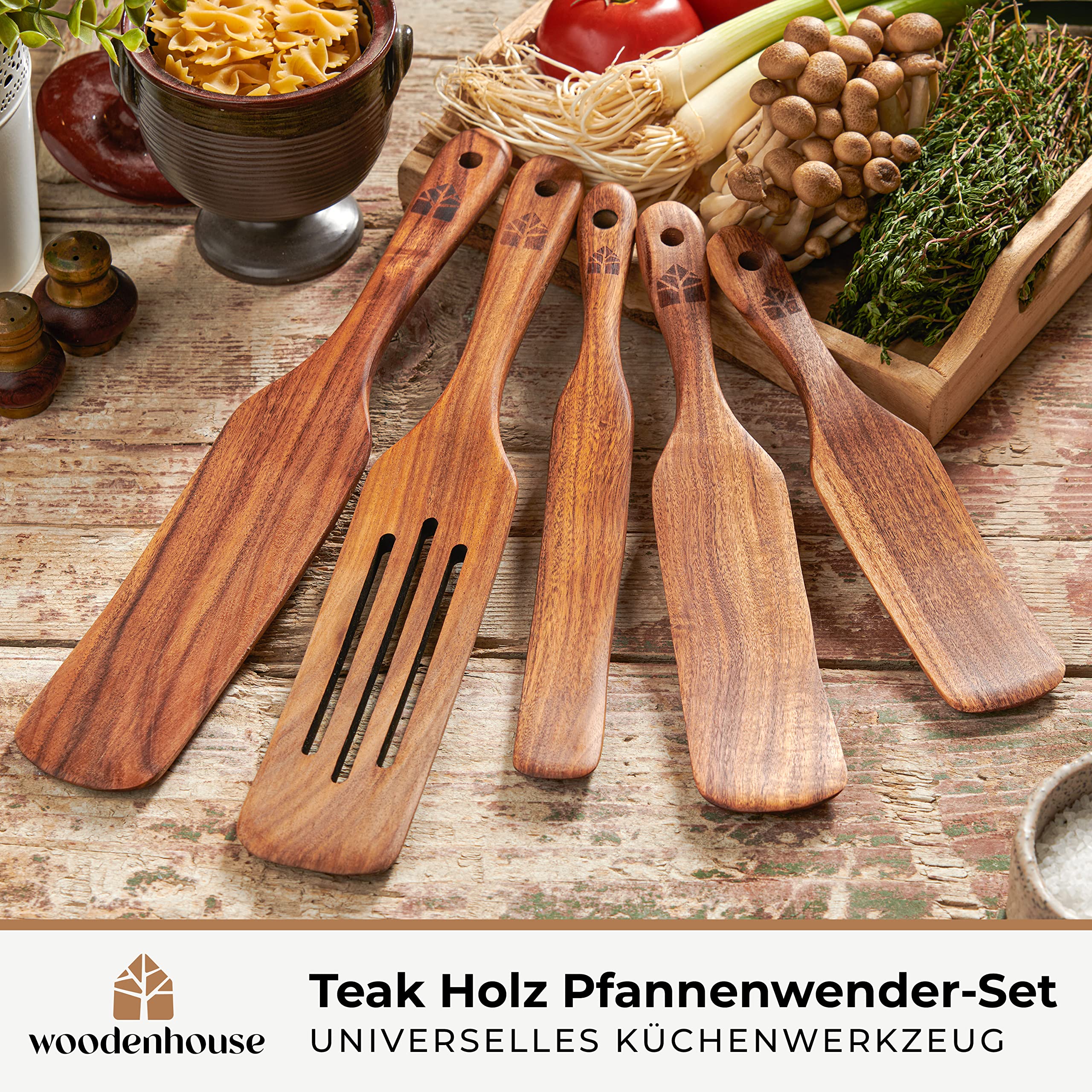 Holzspurtle Set, Teak Spurtles Küchenwerkzeuge, Holzspatel zum Kochen, Holzutensilien Set von 5, Antihaft-Kochgeschirr zum Servieren, Rühren, Mischen, Schaben, Schaufeln, gesund und hitzebeständig | Antihaft-Küchenwerkzeug zum Servieren, Rühren, Mischen,