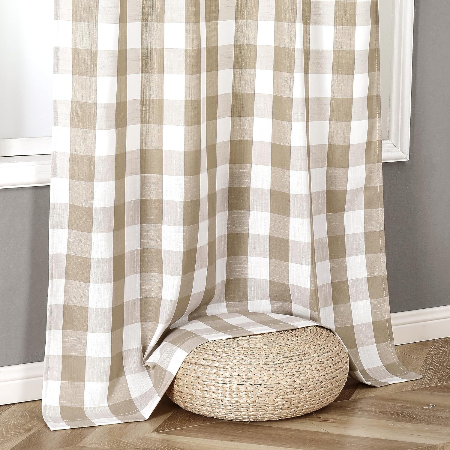 Amzdecor Buffalo Plaid Grommet Curtains 54 Inch Length, Semi-Sheer Check Textured Curtains Drapery for Living Room Bedroom Farmhouse,2 Panels （40" x 54",Beige/Tan & White）
