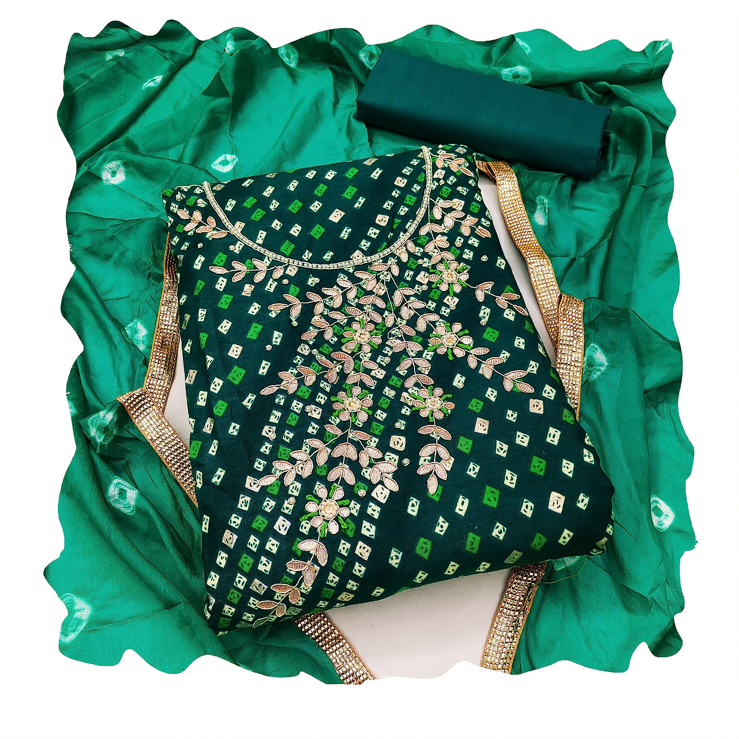 Women'S Green Unstitched Fancy Lehariya Printed Top With Hand Work And Designer Border With Bandhani Printed Dupatta Premium Jam Cotton Dress Material (MSMFC11255B)-image-44