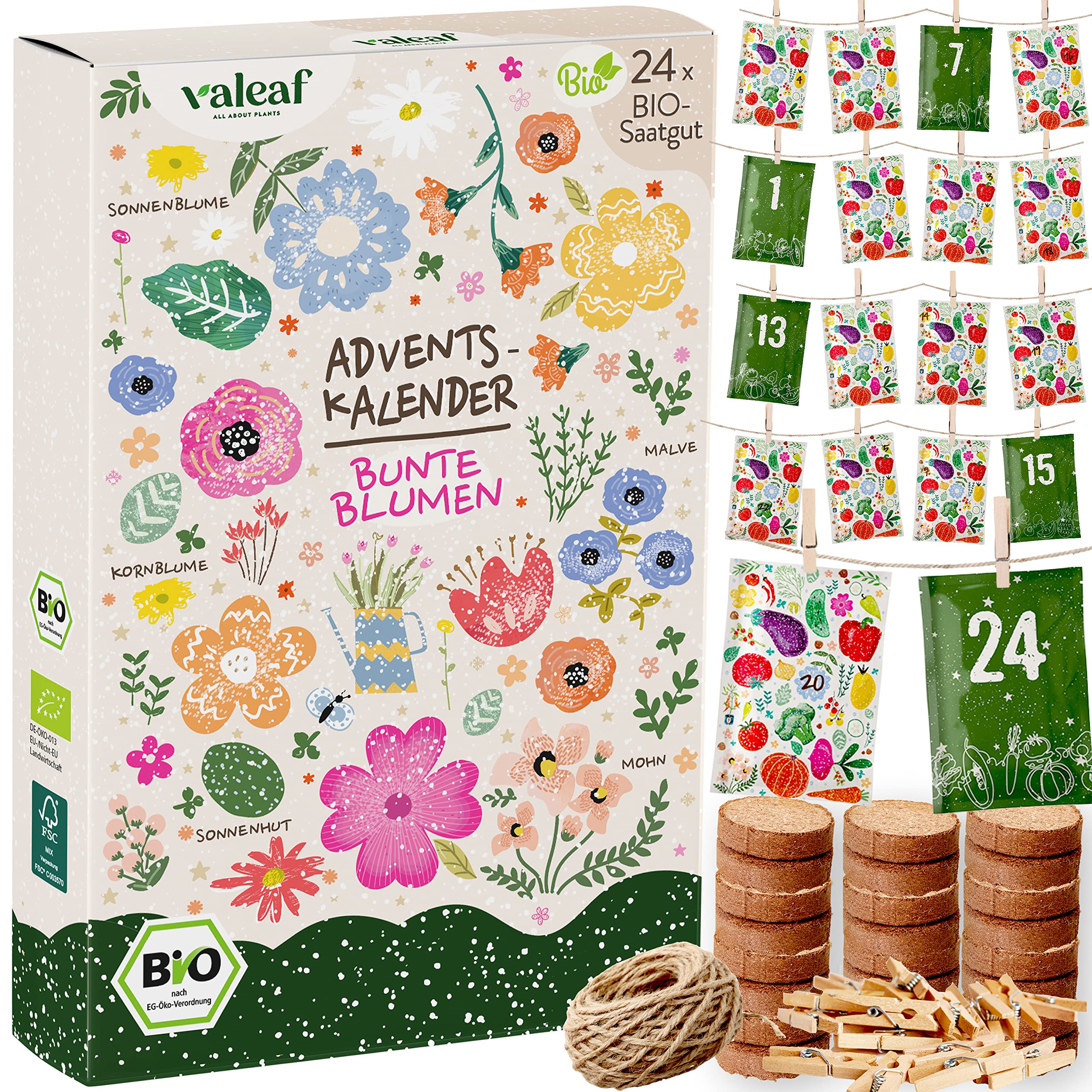 valeaf BIO Saatgut Adventskalender 2025 Blumen I 24 BIO Pflanzensamen Samen  Adventskalender I Adventskalender Saatgut I Blumensamen Blumensaatgut  Adventskalender Garten I Blumen Samen Saatgut Kalender : Amazon.de: Kche,  Haushalt & Wohnen