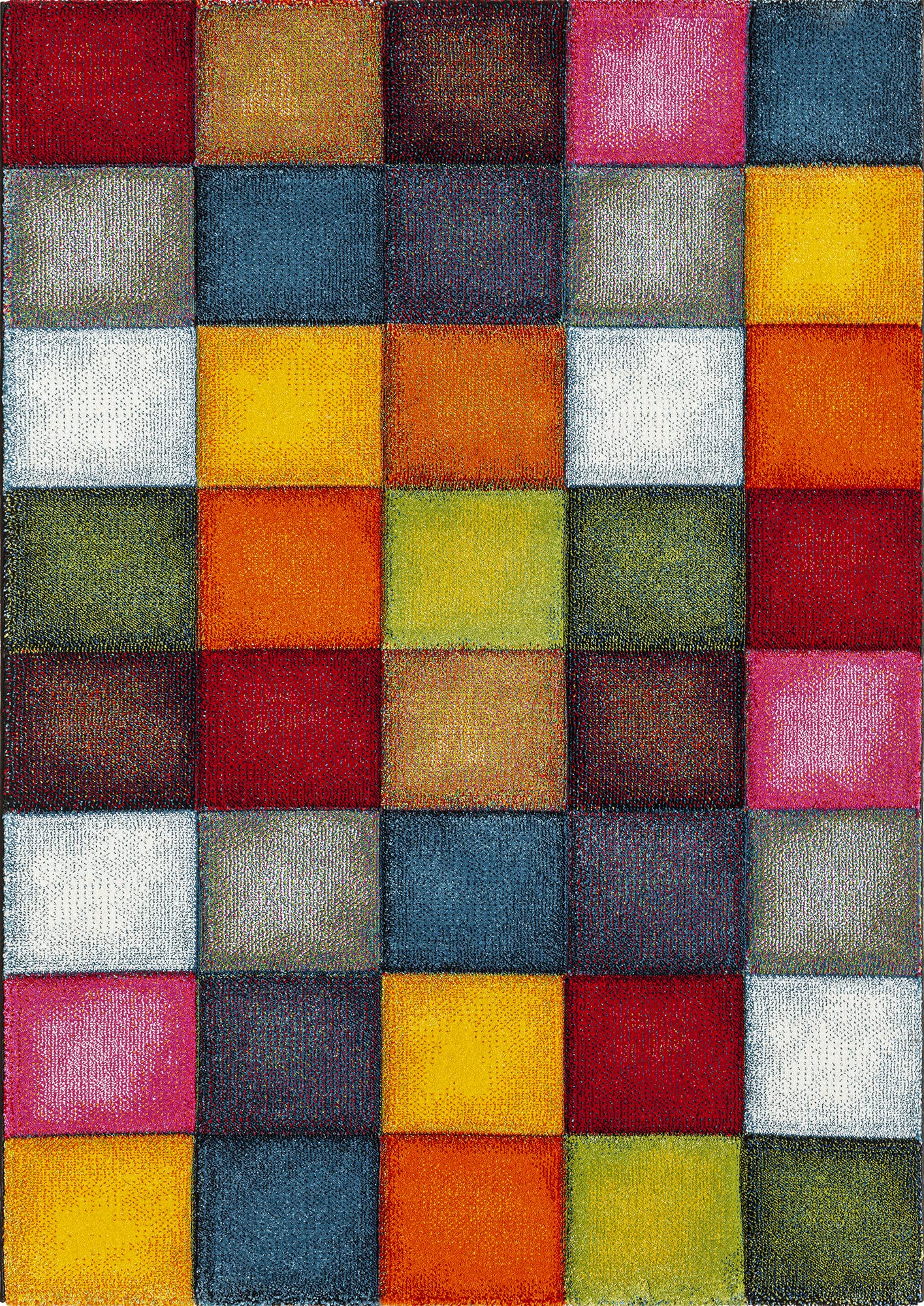 the carpet Monde Deluxe Tapis de Salon à Poils Courts, coloré, Bleu, Rouge, Marron, Vert, Gris, Motif carré 120 x 170 cm