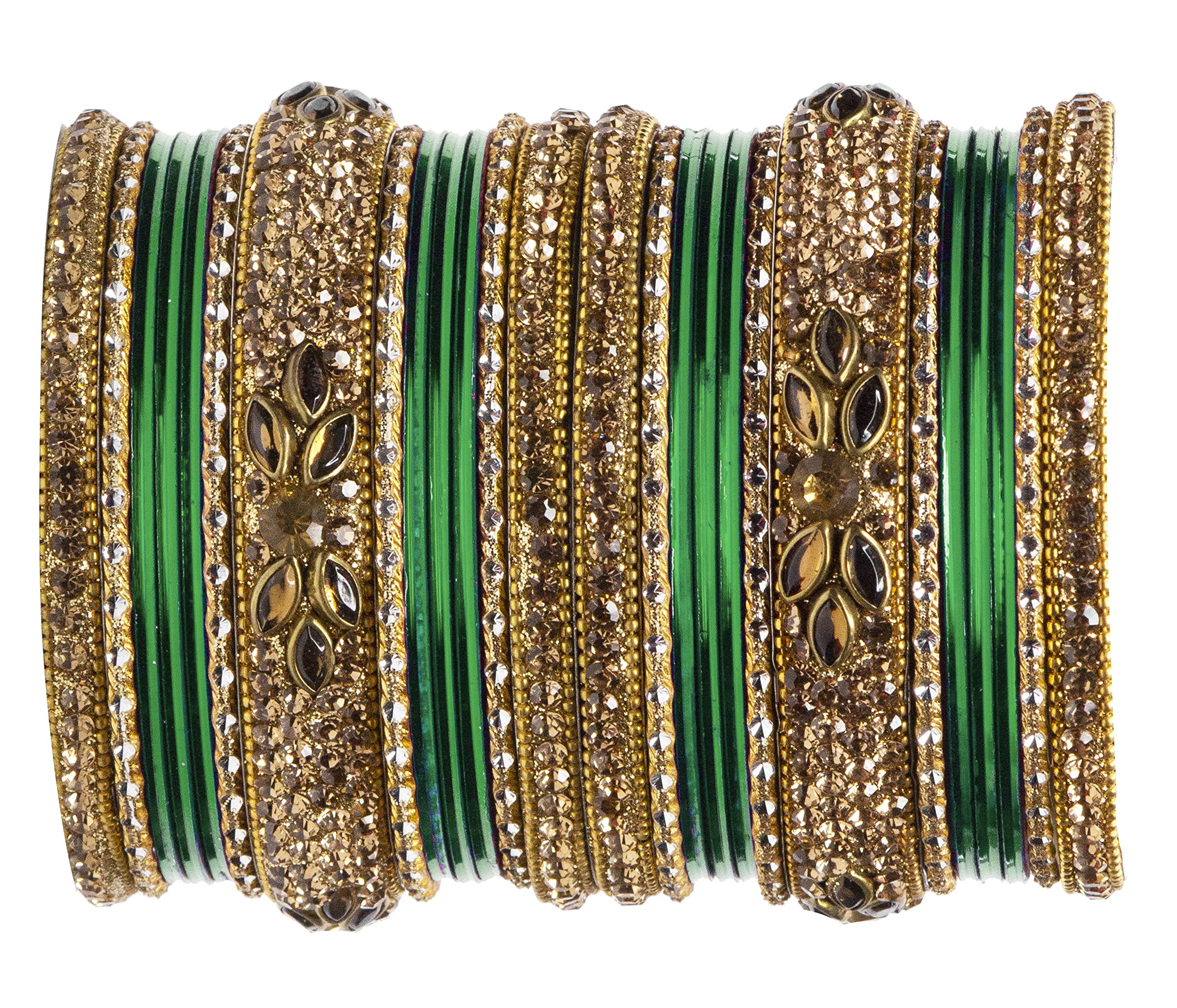 CELESTE GALLERY Women's Dulhan Bangles Set, Bridal Bangles Set, Golden Bangles Set, Punjabi Chuda Fashion Antique Stones Wedding | Bridal| Anniversary Gift Brass Bangles Set