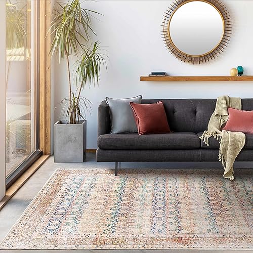 Kemer Collection - Alfombra lavable a máquina para sala de estar, dormitorio, vintage envejecida, desgastada, bohemia con bordes, apta para