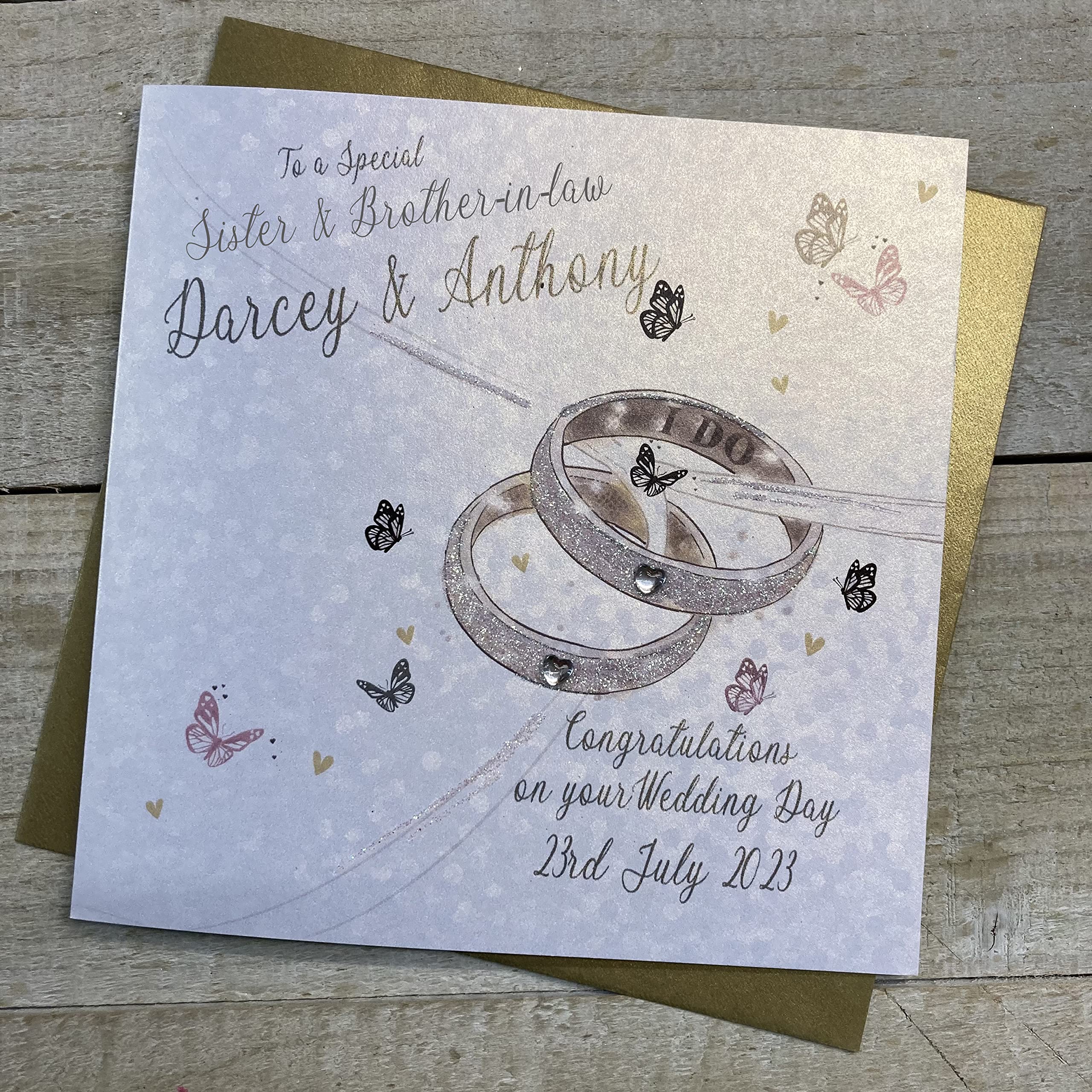 WHITE COTTON CARDS PERSONALISED WEDDING CARD, TO A SPECIAL SISTER & BROTHER-IN-LAW, RINGS DESIGN, HAND FINISHED (X) P23-9-SB