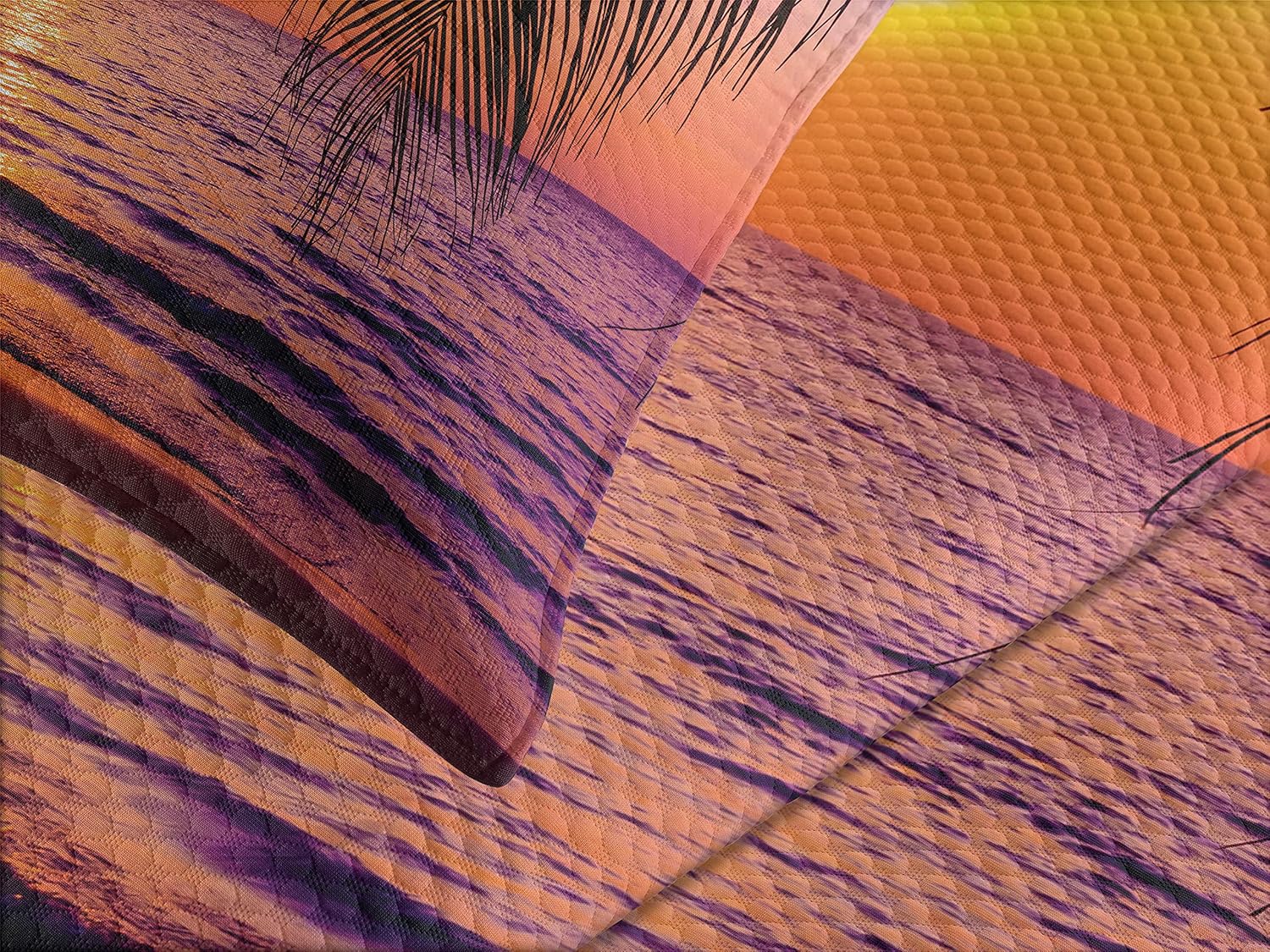 Lunarable Tropical Bedspread, Sunset Over The Ocean Tropic Palm Trees Twilight Sundown Scenery, Decorative Quilted 2 Piece Coverlet Set with Pillow Sham, Twin Size, Orange Purple Twin Orange Purple