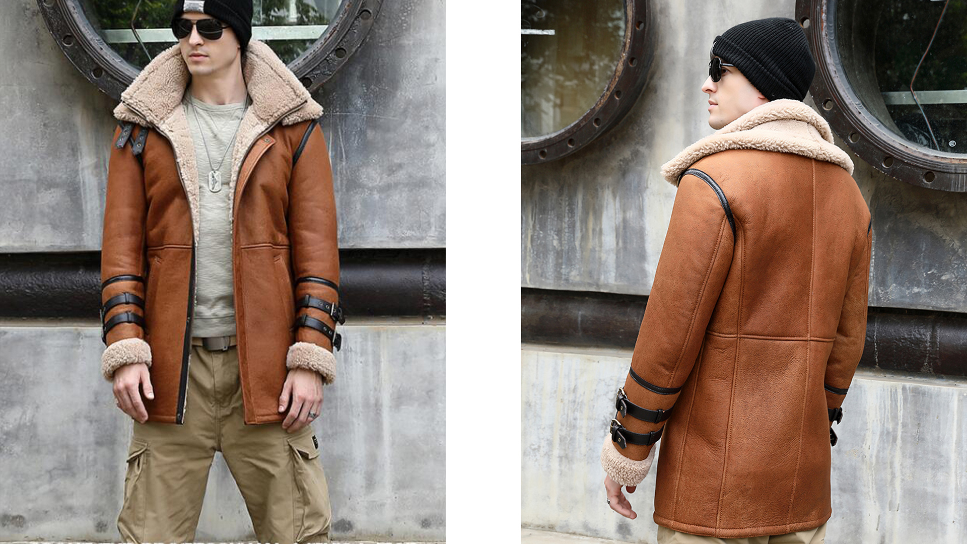 Denny&Dora Mens Shearling Coat Brown Color Mens Double Collar Long