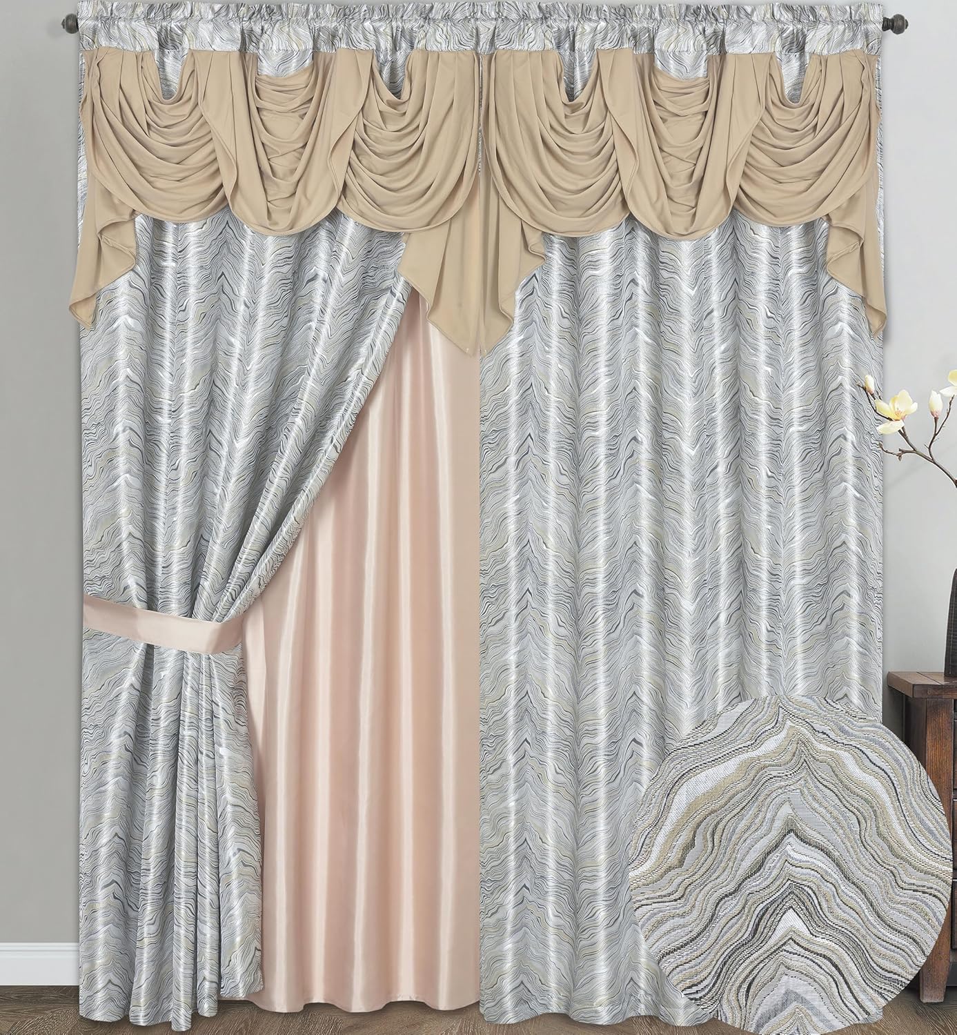 GOHD Marble Marvel Jacquard Window Curtains,with Attached Fancy Valance and Taffeta Backing,54" x 90" with 18" Valance,Elegant Textured Window Drapes for Living Room & Bedroom 100% Polyester(Sand)