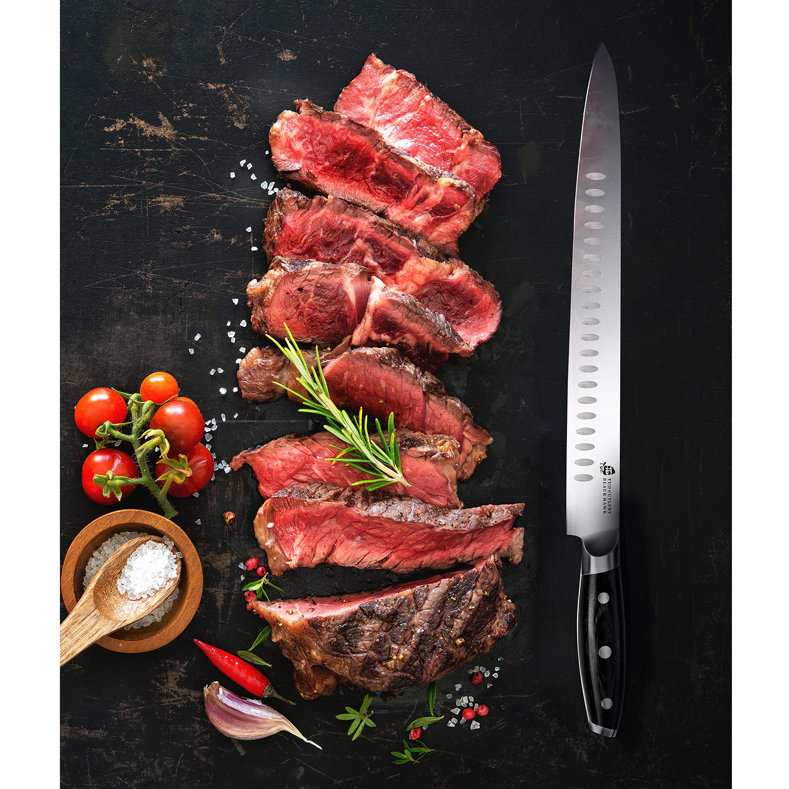 TUO Carving Knife - 12 Inch Brisket Slicing Knife for Grilled Meat and Bacon - High Carbon German Steel - Pakkawood Handle with Gift Box - BLACK HAWK SERIES — Amazon image 6